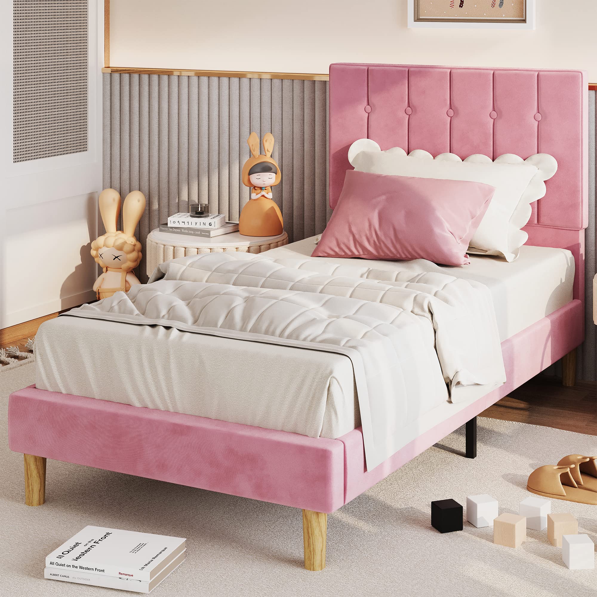 LIKIMIO Twin Bed Frame with Headboard - Velvet Upholstered Platform Bed with Wooden Slats | No Box Spring Needed | Noise-Free | Easy Assembly | Pink | Perfect for Small Bedrooms, Guest Rooms & Kids Rooms
