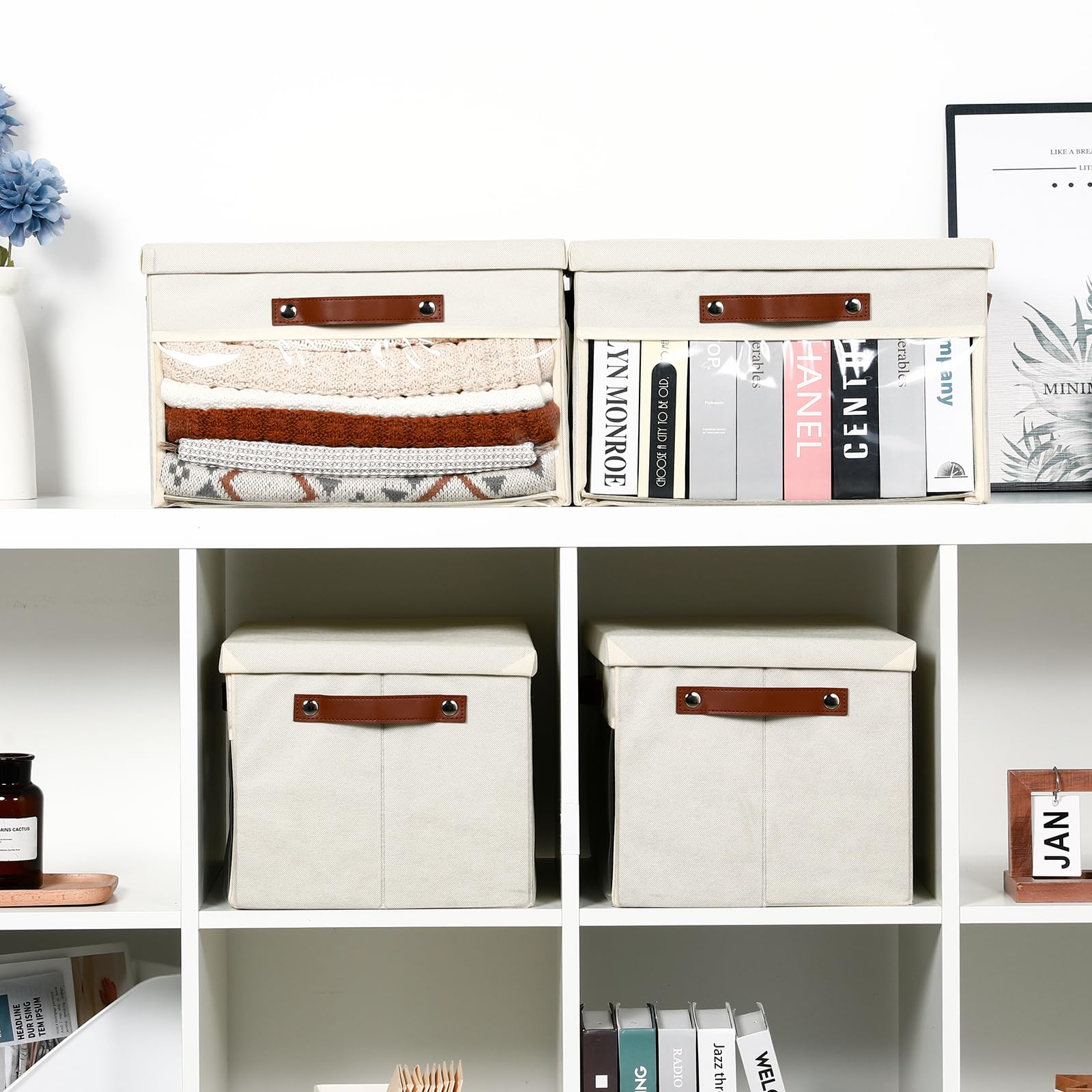 Bidtakay 4-Pack Collapsible Storage Bins with Lids & Clear Windows - 15 x 11 Inch Fabric Closet Organizer Baskets with Handles for Shelves, Clothes, Toys & Home Organization (Ivory) - Perfect for Bedroom, Closet, Nursery & Office Storage Solutions