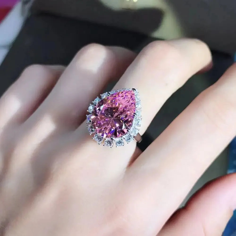 WUIHA Classic 925 Sterling Silver Pear Cut 10 CT 3EX VVS Pink Created Moissanite Wedding Engagement Customized Ring - Fine Jewelry for Women, Bridal Proposal, Anniversary Gift & Special Occasions