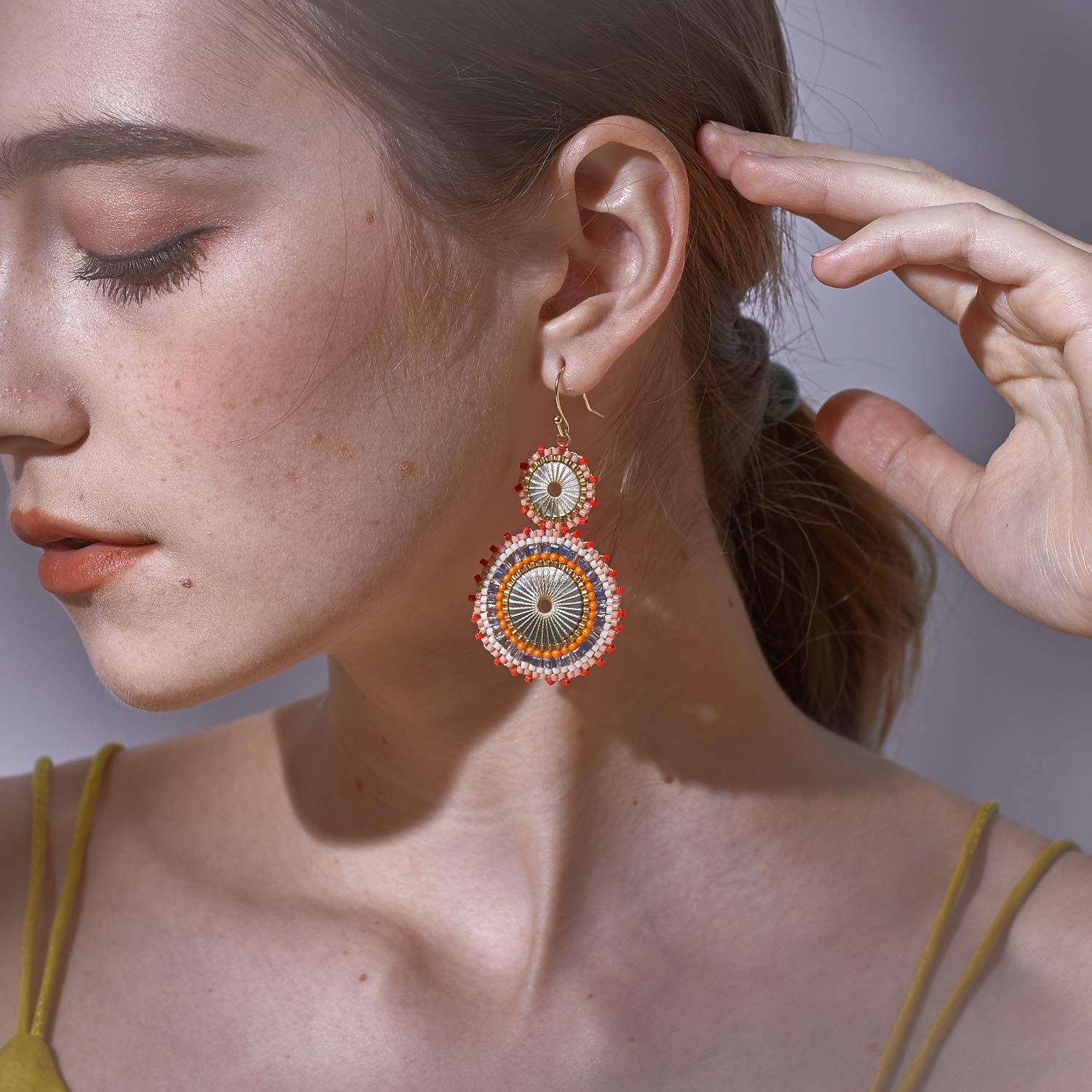 Handmade Bohemian Seed Beaded Dangle Earrings for Women – Circle Bead Drop Earrings Fashion Jewelry | Perfect for Boho Chic Outfits, Festivals & Casual Wear
