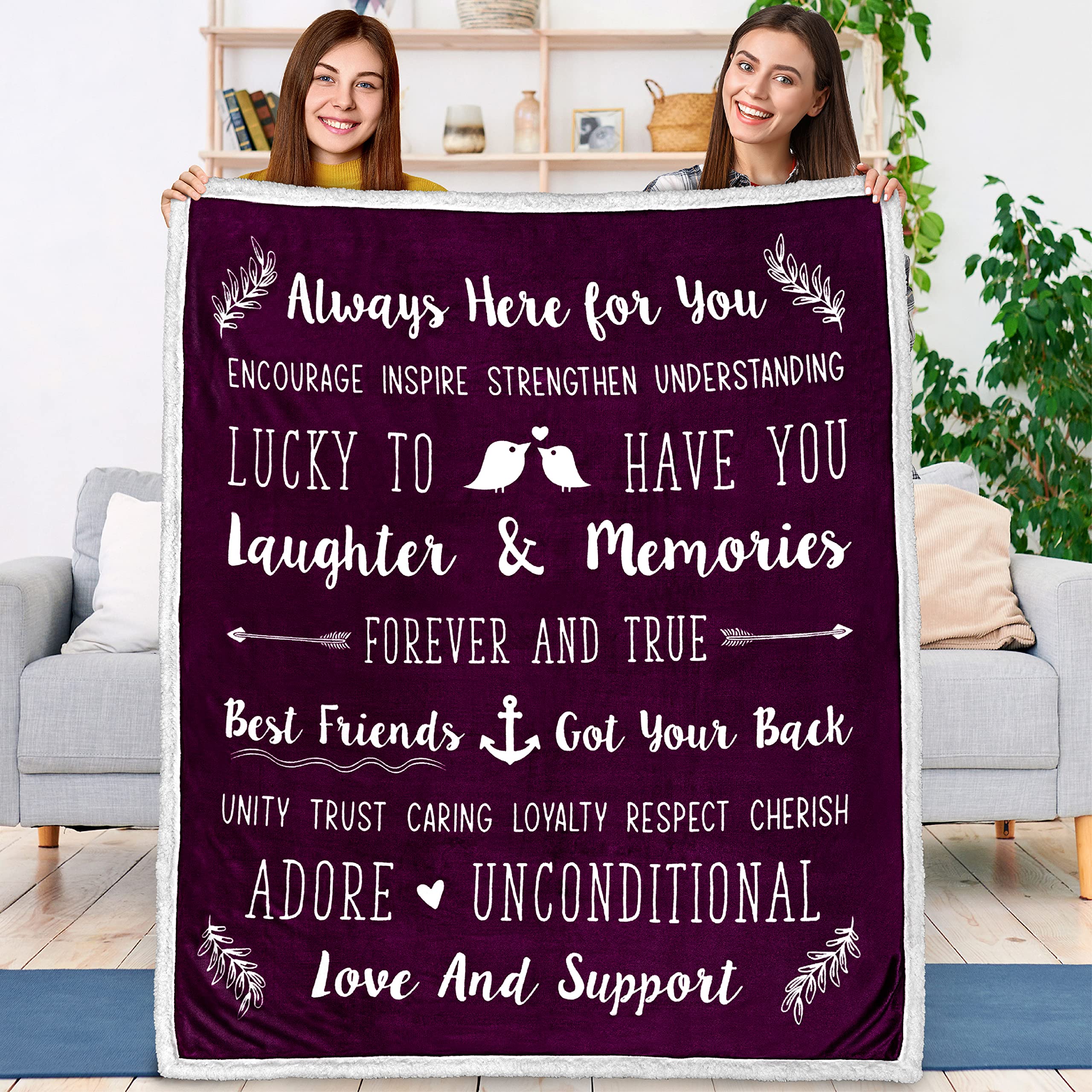 PAVILIA Best Friend Blanket - Soft Cozy Sherpa Throw Blanket with Inspirational Quotes | Thoughtful Friendship Gift for Women, Birthday Present for Bestie & Soul Sister | Perfect for Long Distance Friends, Movie Nights & Cozy Home Decor (Purple)
