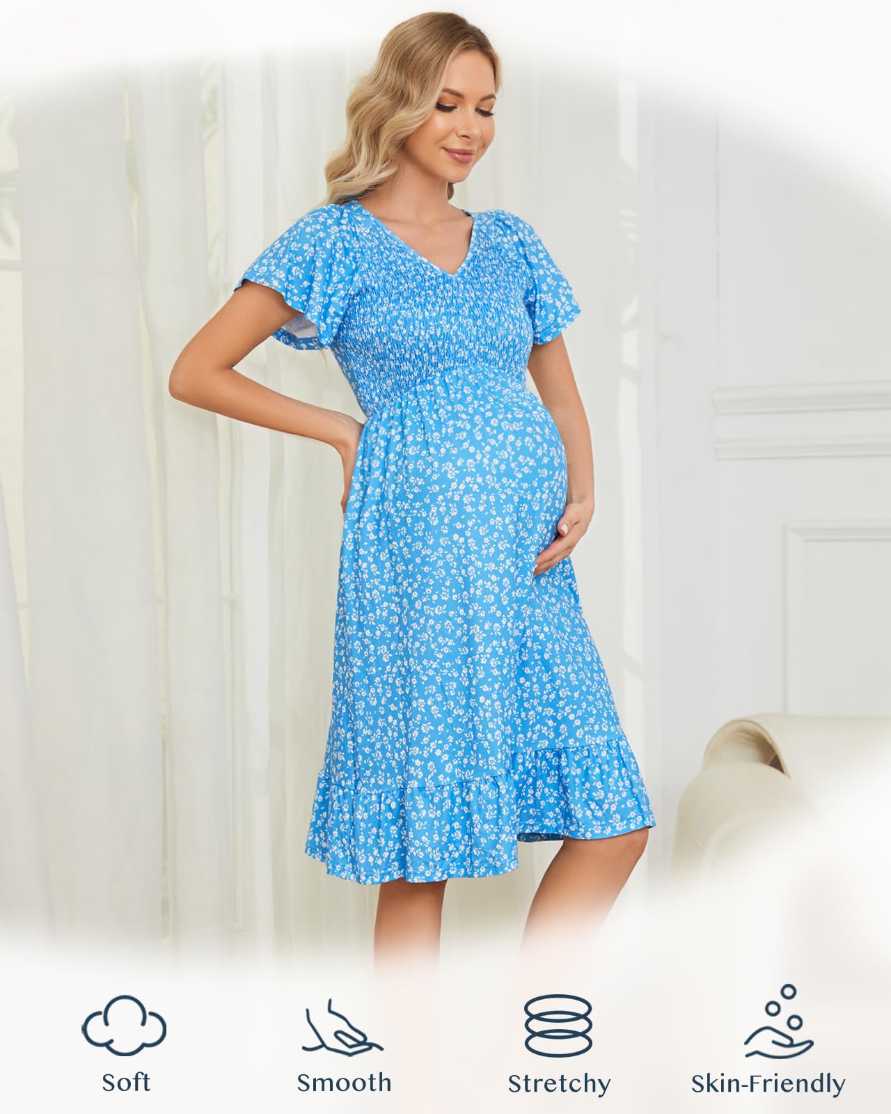Domee Floral Maternity Dress - V-Neck A-Line Midi Dress with Shirred Waist & Ruffled Hem, Short Sleeve Boho Dress for Baby Shower, Photoshoot, Summer Pregnancy & Nursing Wear - Perfect for Beach Vacation, Maternity Photos and Special Occasions