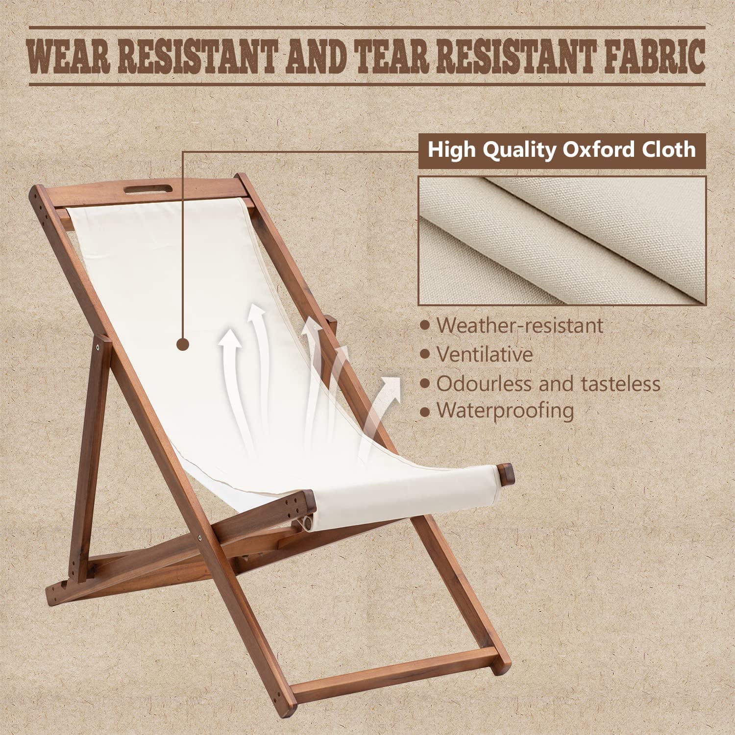 **2-Pack Adjustable Wooden Folding Outdoor Lounge Chairs - Portable Reclining Beach & Patio Chairs with 3-Level Height Adjustment for Backyard, Poolside & Travel**