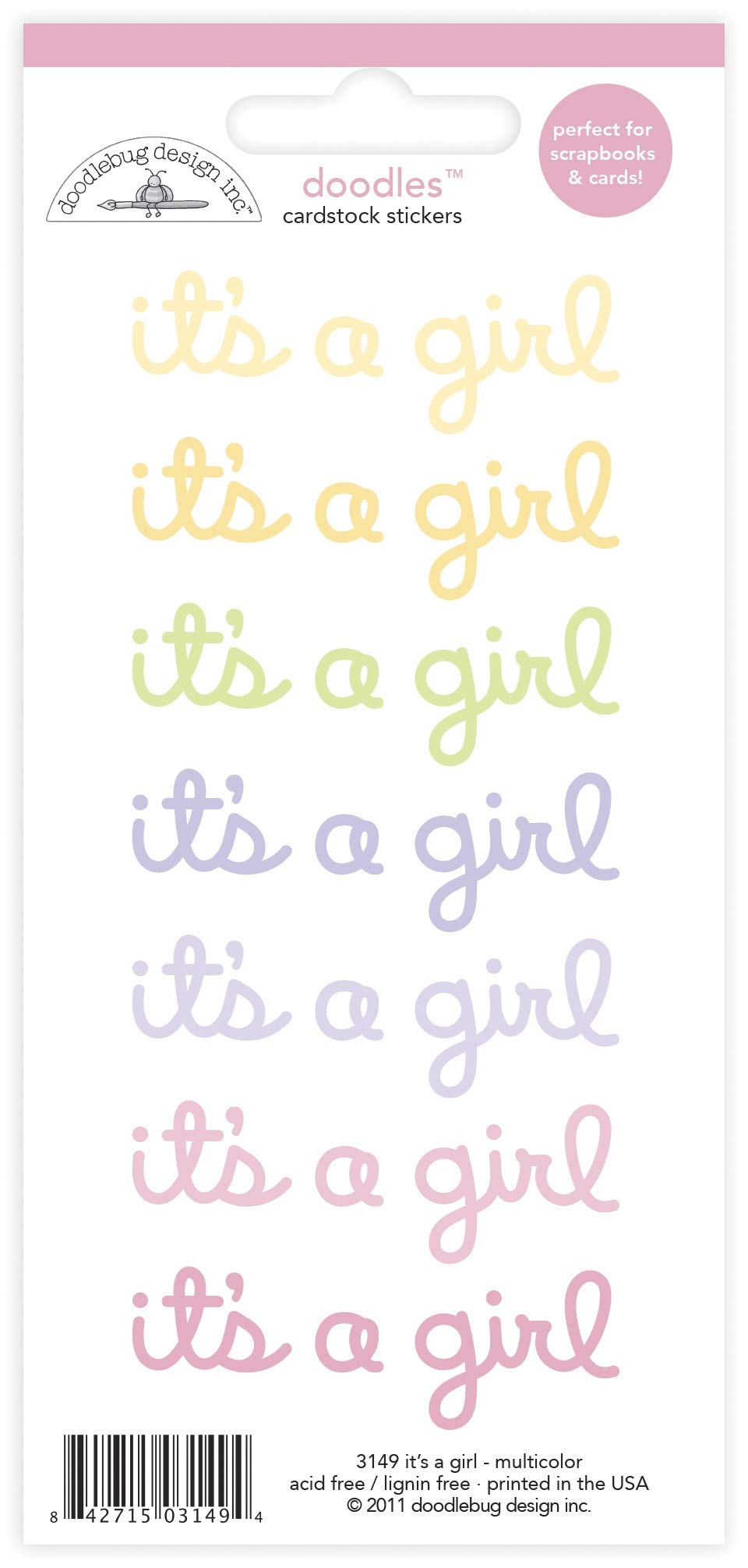 Doodlebug Designs Doodles Cardstock Stickers - Multicolor It's A Girl (12-Piece Set) | Perfect for Scrapbooking, Baby Albums & DIY Crafts