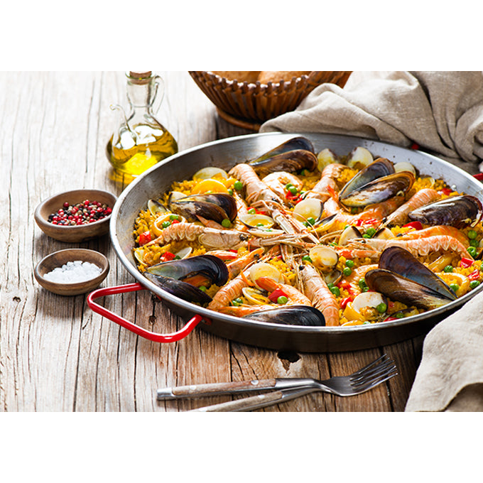 Winco 14.1 Inch Professional Paella Pan - Polished Carbon Steel with Riveted Handle - Perfect for Spanish Cuisine, Outdoor Cooking & Large Family Gatherings