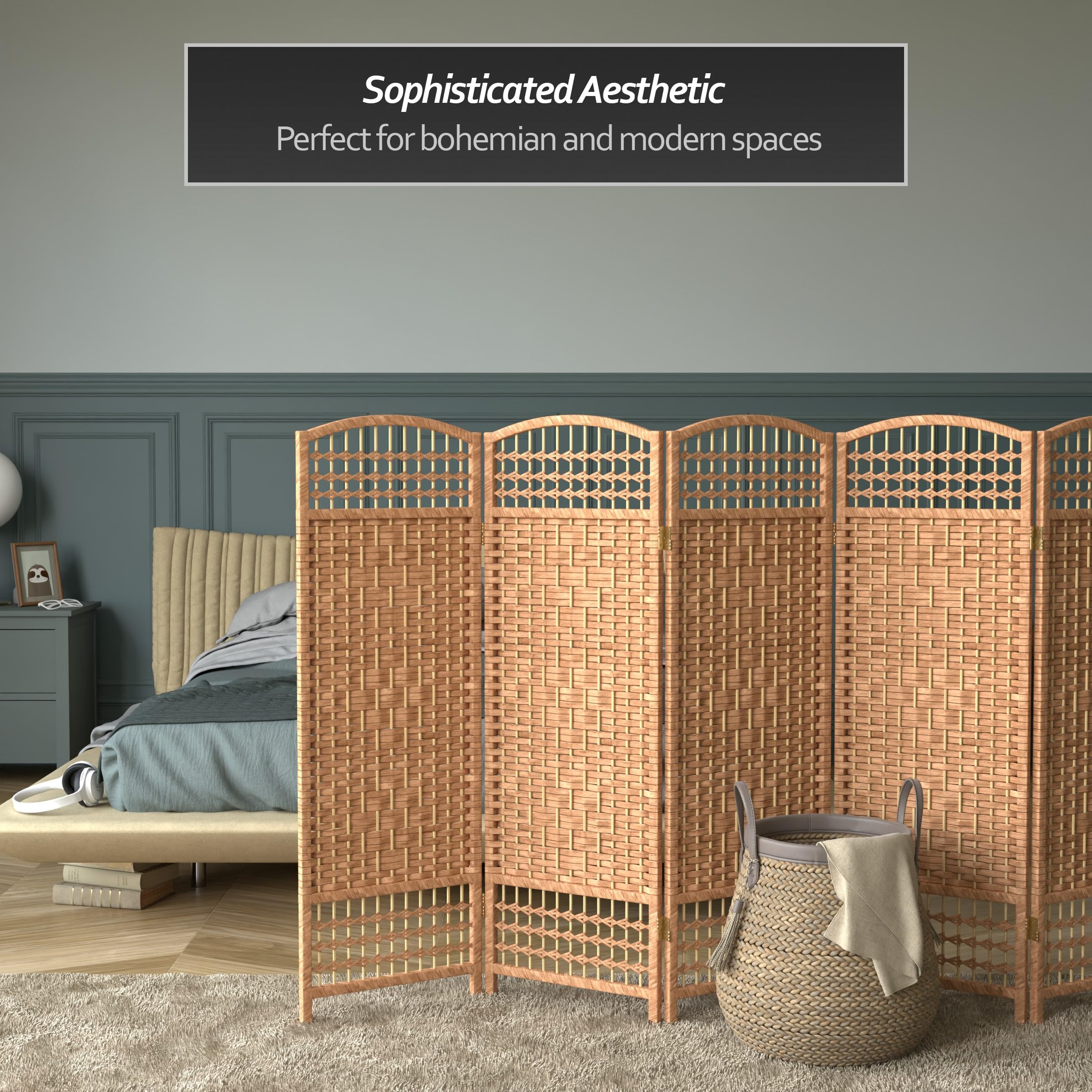 4 ft. Natural Short Fiber Weave Folding Room Divider - 6 Panel Privacy Screen for Home, Office & Outdoor Use - Perfect for Creating Separate Spaces in Living Rooms, Bedrooms or Patios