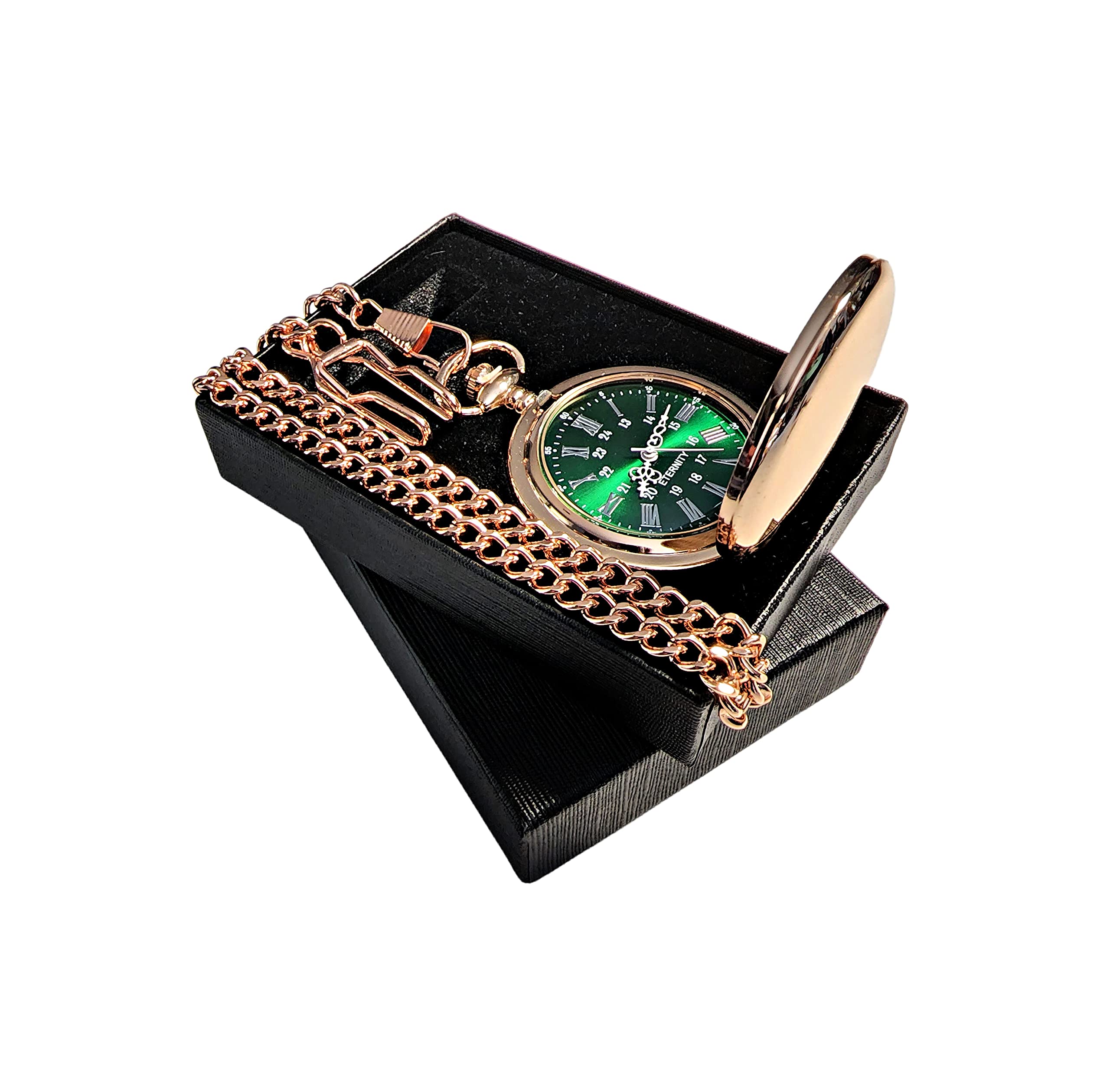 Personalized Silver Pocket Watch Set with Green Dial & Roman Numerals - Custom Engraved Wedding Gift for Him/Her - Includes Chain & Fitted Box - Perfect for Anniversaries, Engagements & Special Occasions