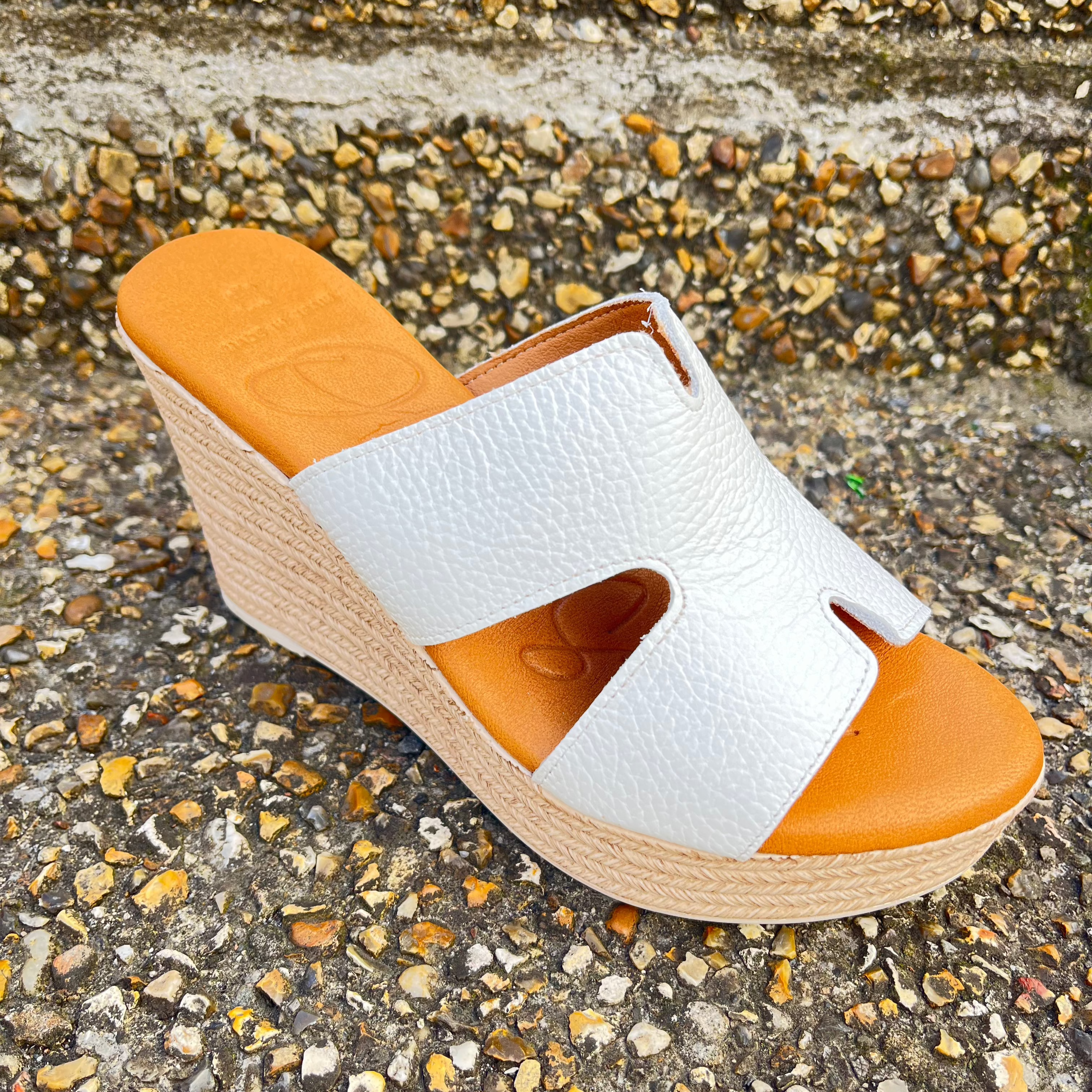 OH MY SANDALS Women's White Leather High Wedge Mule Slides - Comfortable Summer Sandals for Beach, Pool, and Casual Outings