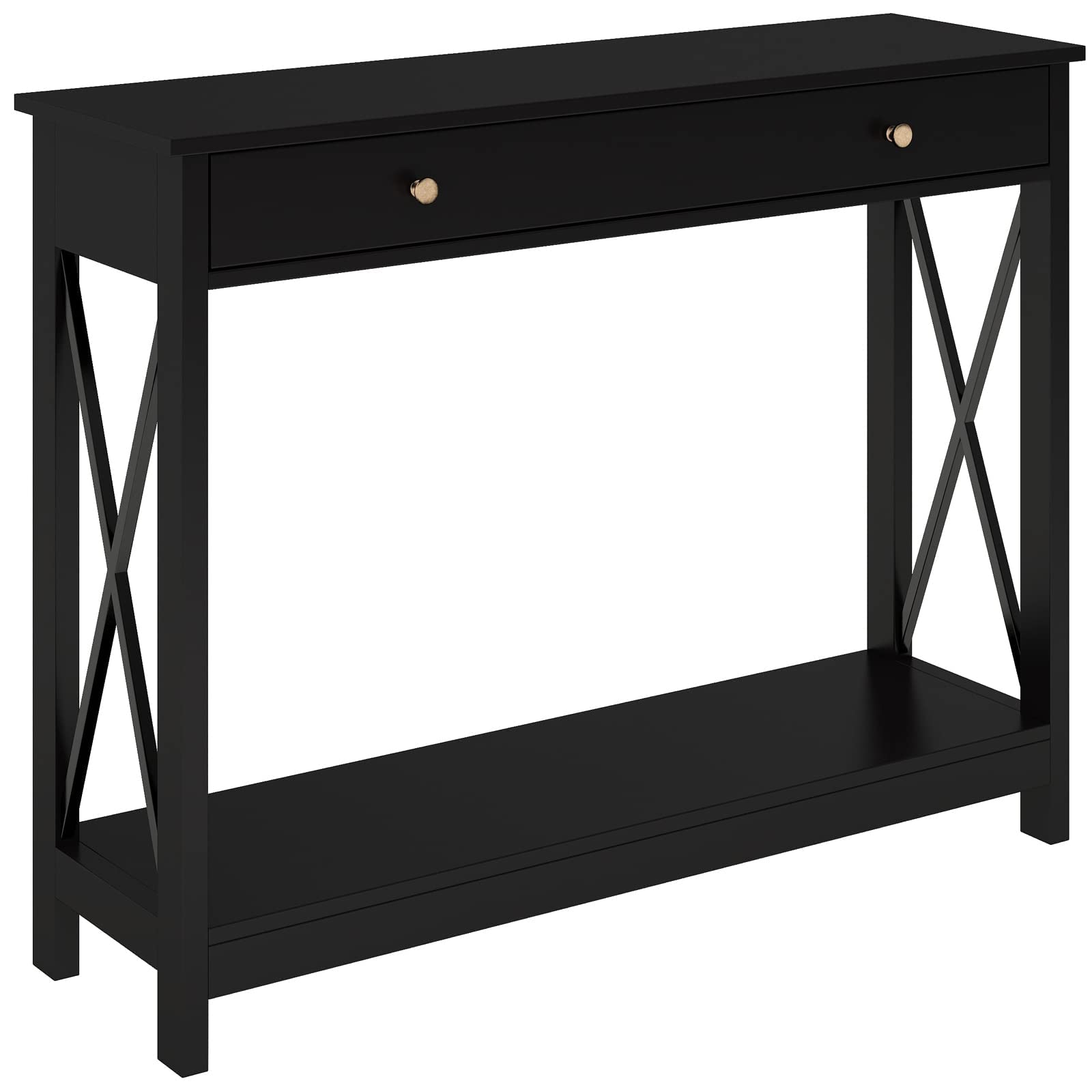 Treocho Black Console Table with Drawer & Storage Shelves - Narrow Sofa Table for Entryway, Living Room, Hallway | Perfect for Small Spaces, Home Decor & Organizing Keys, Mail & Decor Items