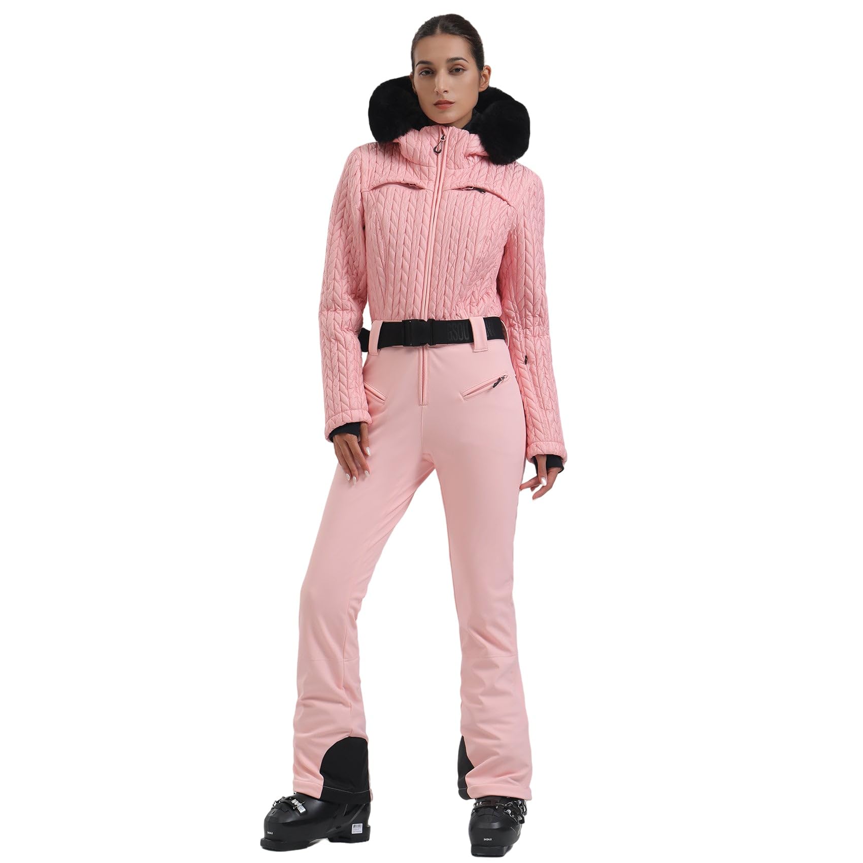 GSOU SNOW Women's One Piece Ski Suit - Slim Snowboard Jumpsuit with Faux Fur Collar, Waterproof & Windproof Winter Sports Outfit for Skiing, Snowboarding & Outdoor Activities
