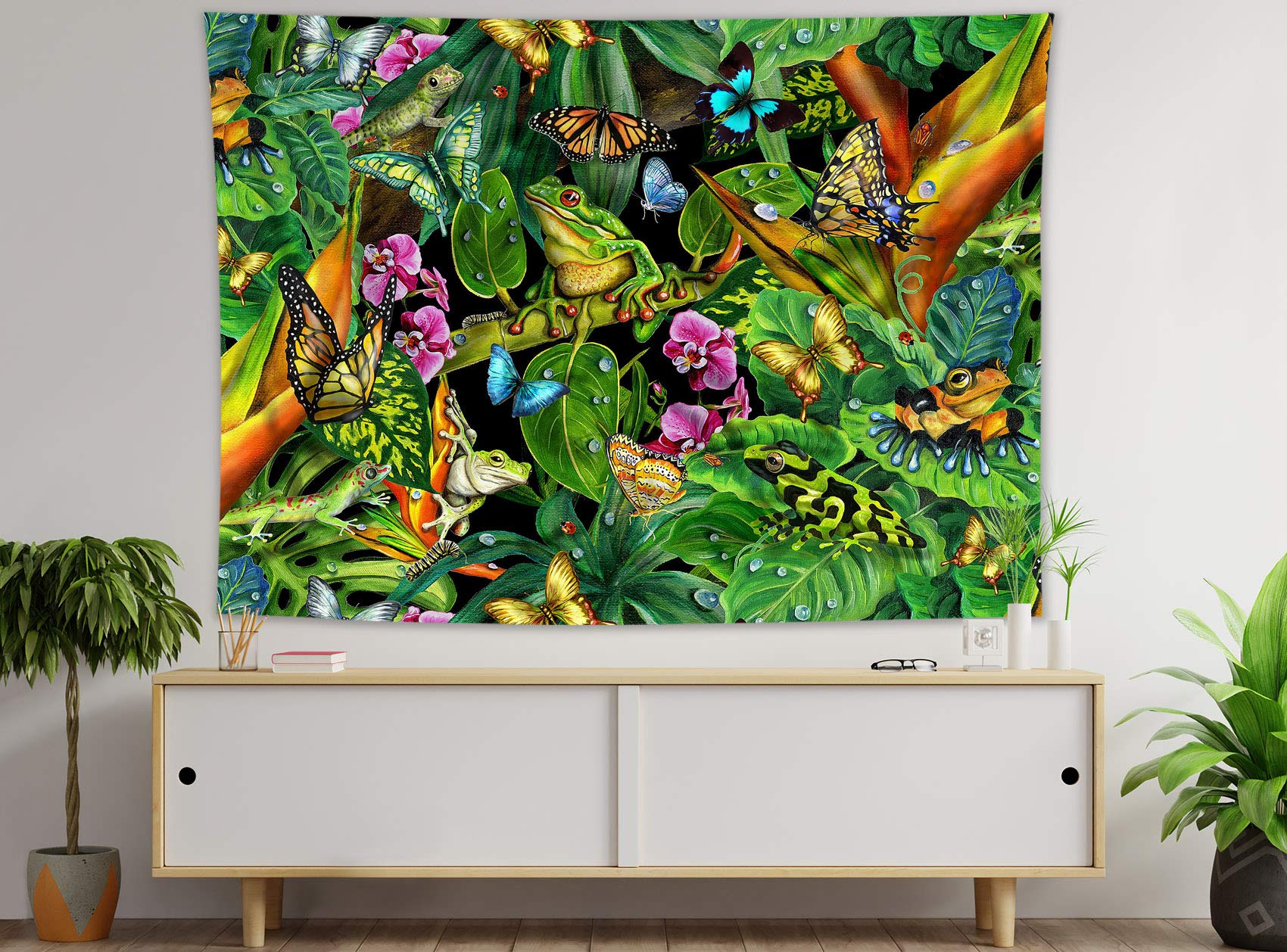 HVEST Tropical Rainforest Tapestry - Frog, Butterfly, Green Leaf Design - 59x51 Inch Wall Hanging for Bedroom, Living Room, Dorm Decor - Perfect for Indie Style, Party Backdrop, and Cozy Home Atmosphere