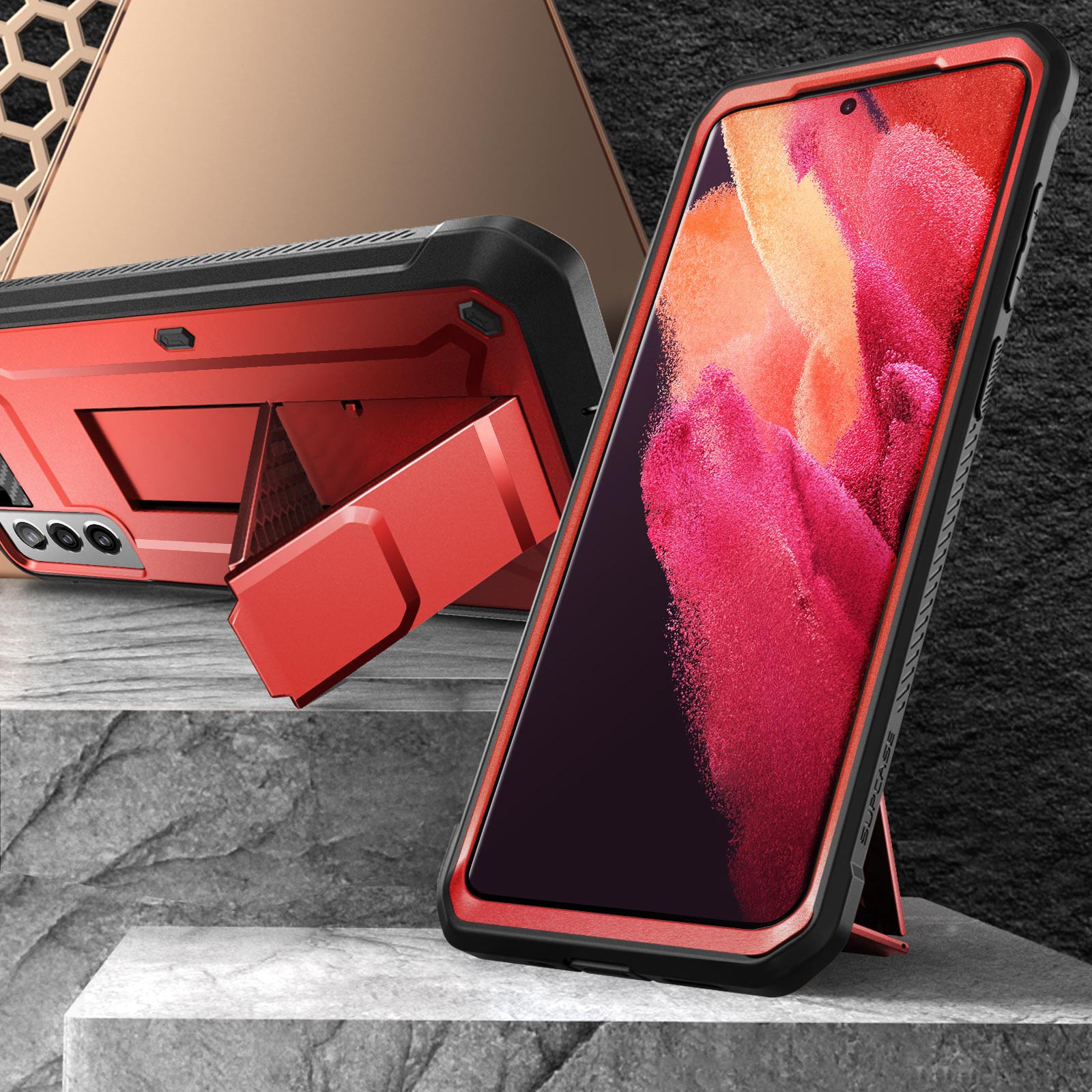 Samsung Galaxy S21 Unicorn Beetle Pro Rugged Case - Heavy Duty Shockproof Cover with Built-in Screen Protector, Metallic Red - Perfect for Outdoor, Construction & Extreme Sports Protection