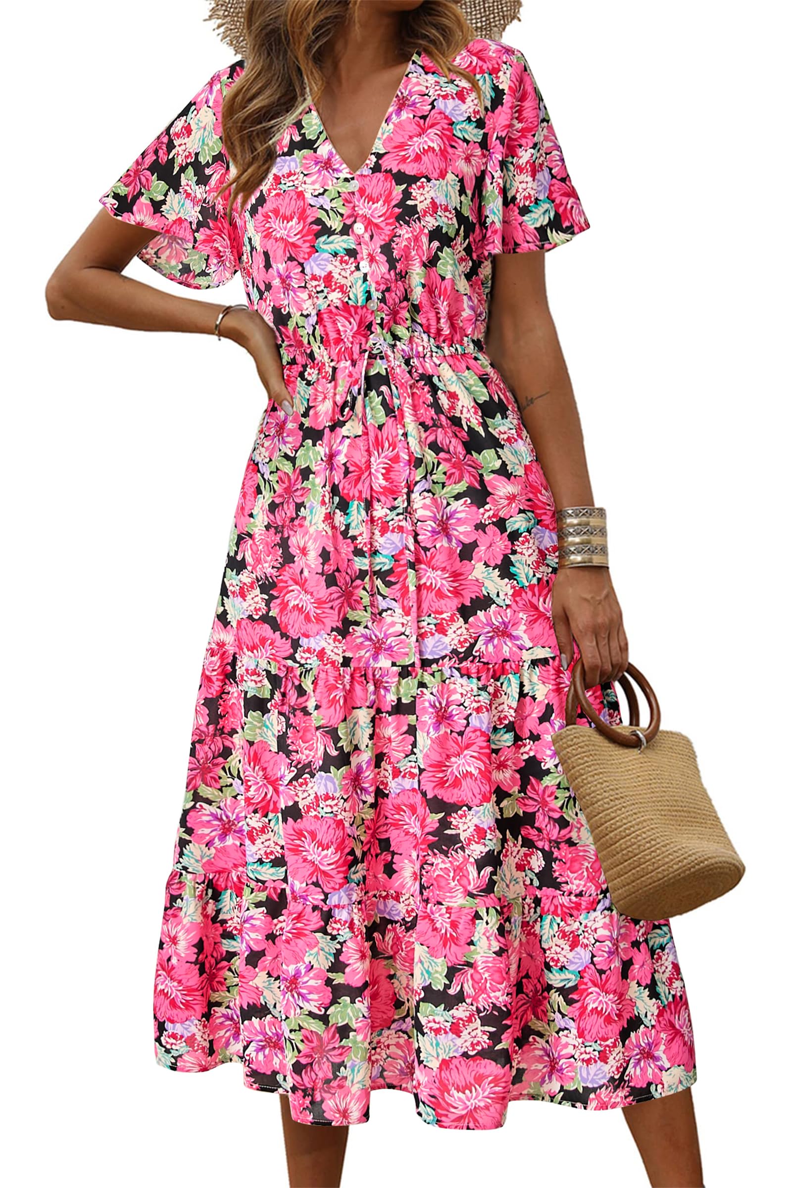 PRETTYGARDEN Women's Floral Maxi Dress - 2025 Summer Casual Short Sleeve V-Neck Tiered Boho Beach Sundress - Perfect for Vacation, Date Night & Outdoor Parties