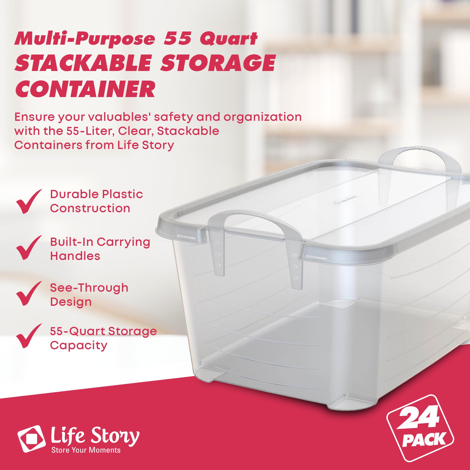 Clear Stackable 55 Quart Closet Storage Bins (24 Pack) - Durable Plastic Organizer Boxes for Clothes, Toys & Home Organization - Perfect for Bedroom, Closet & Kids Room Storage Solutions