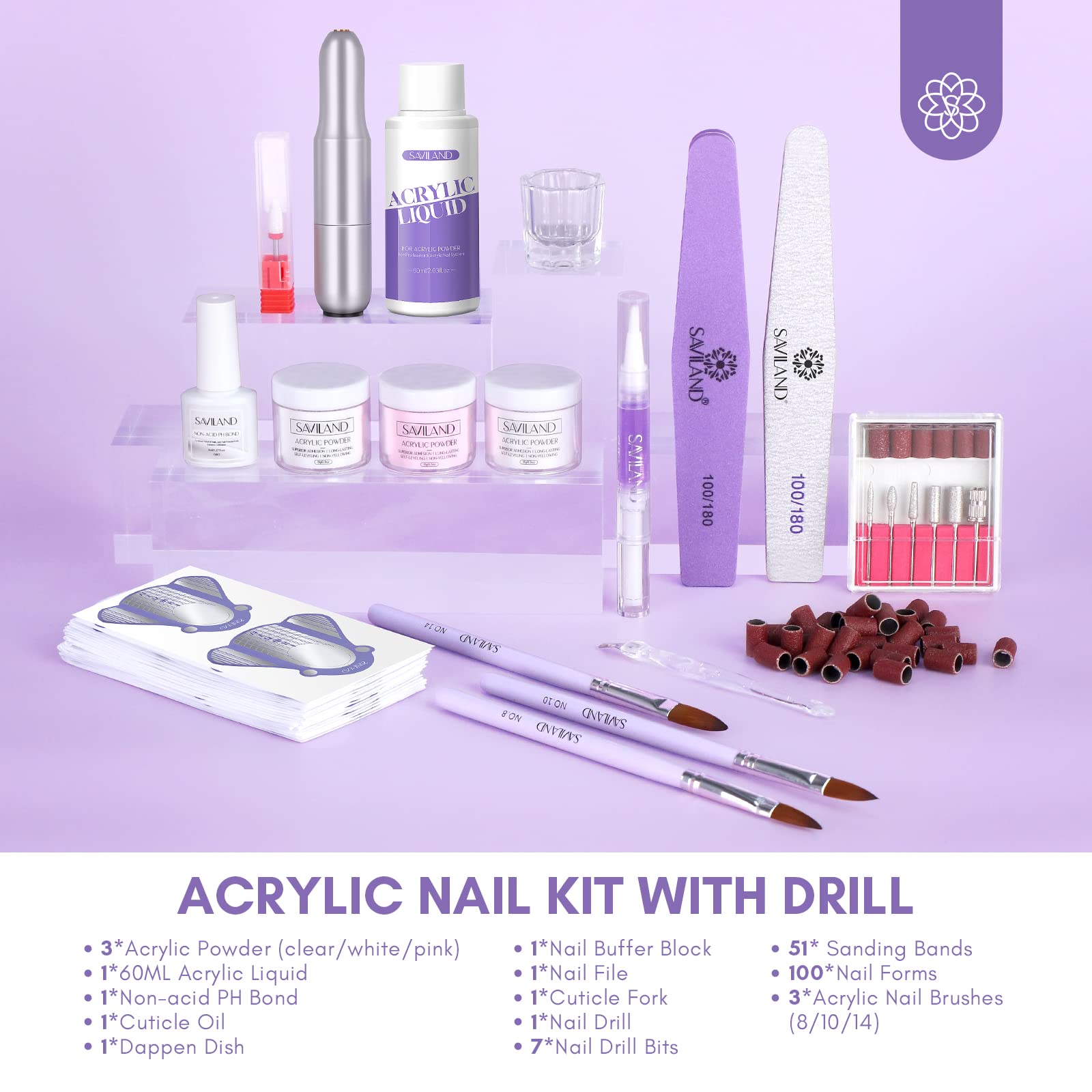 SAVILAND Professional Acrylic Nail Kit with Electric Drill - Clear Pink White Acrylic Powder & Liquid Set, Nail Brush & Tools for Beginners | DIY Nail Extensions & Home Salon Manicures | Perfect for Nail Art, French Tips & Gel Polish Application