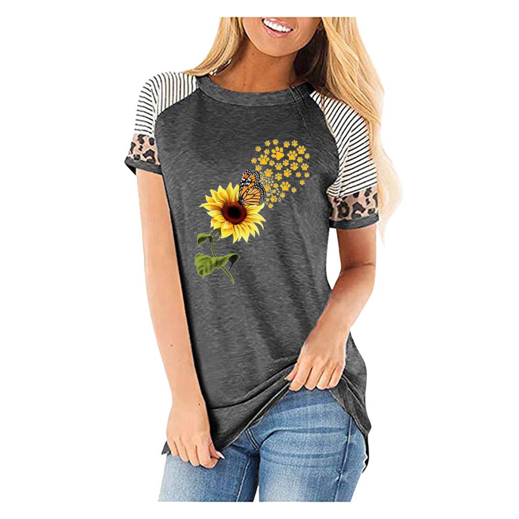 Lozeny Women's Sunflower Butterfly Graphic Patchwork T-Shirt | Short Sleeve Pullover Blouse | Summer Casual Top for Outdoors, Beach & Daily Wear