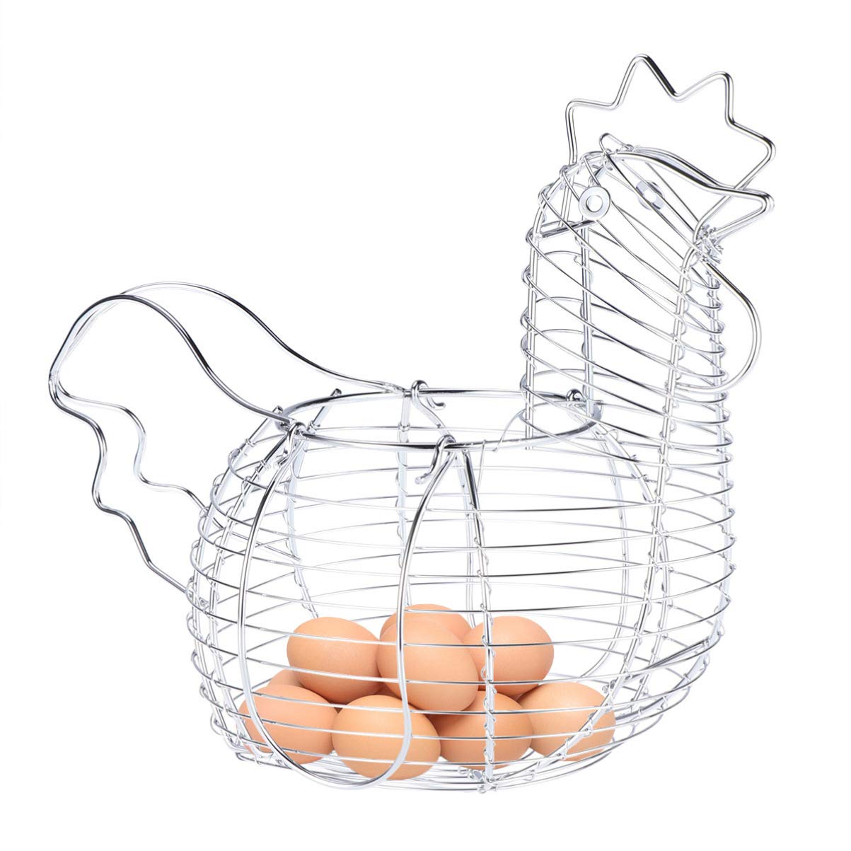 BESTonZON Metal Wire Egg Basket - Rustic Chicken Shaped Egg Holder with Handle for Fresh Eggs, Vintage Farmhouse Storage & Collection Basket (Silver) | Perfect for Farm Fresh Eggs, Country Kitchen Decor & Easter Display