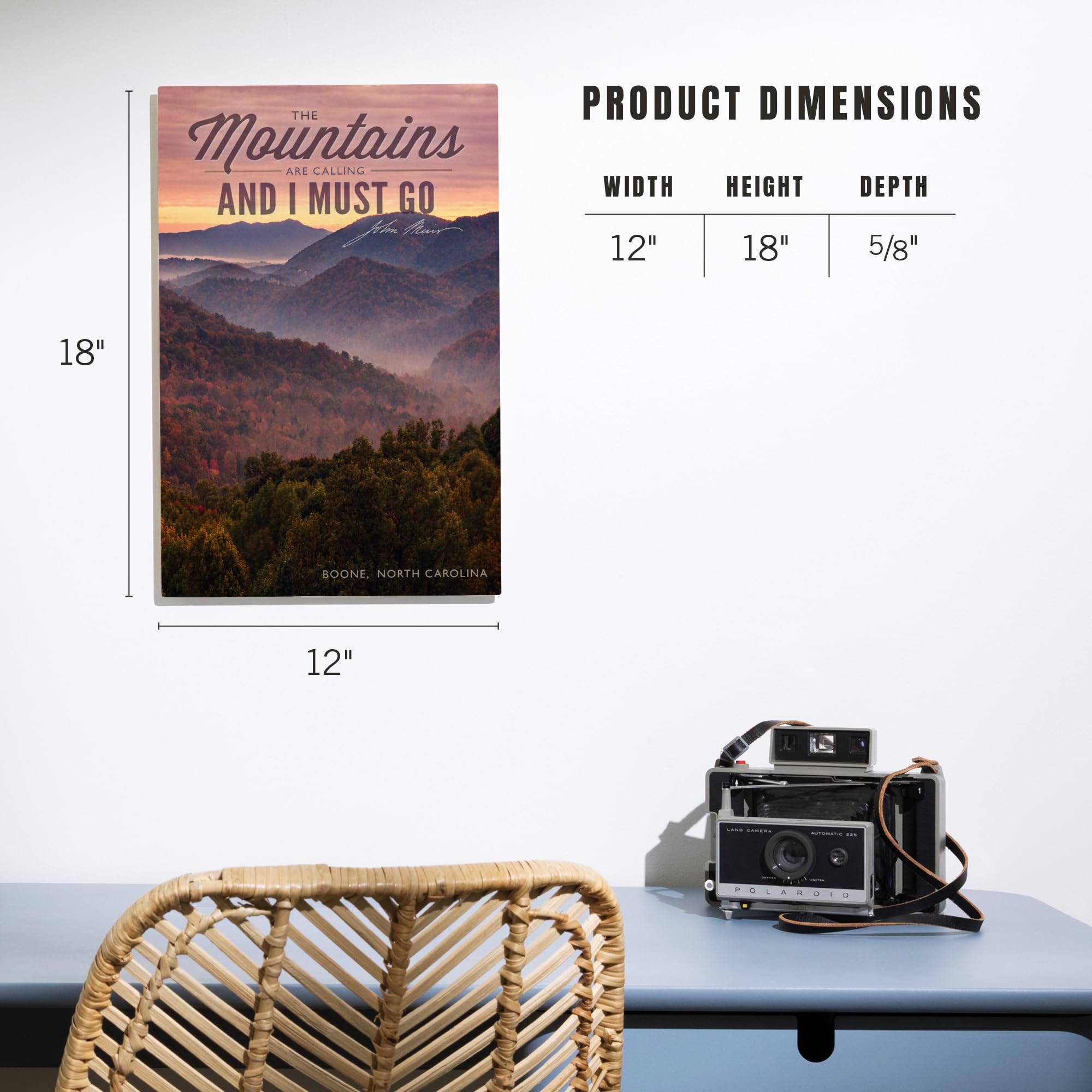Lantern Press 12x18 Inch Premium Wood Wall Sign - Ready to Hang Home Decor with John Muir Quote 'The Mountains Are Calling' - Boone North Carolina Sunset Art - Perfect for Cabin, Living Room, or Office Wall Decor