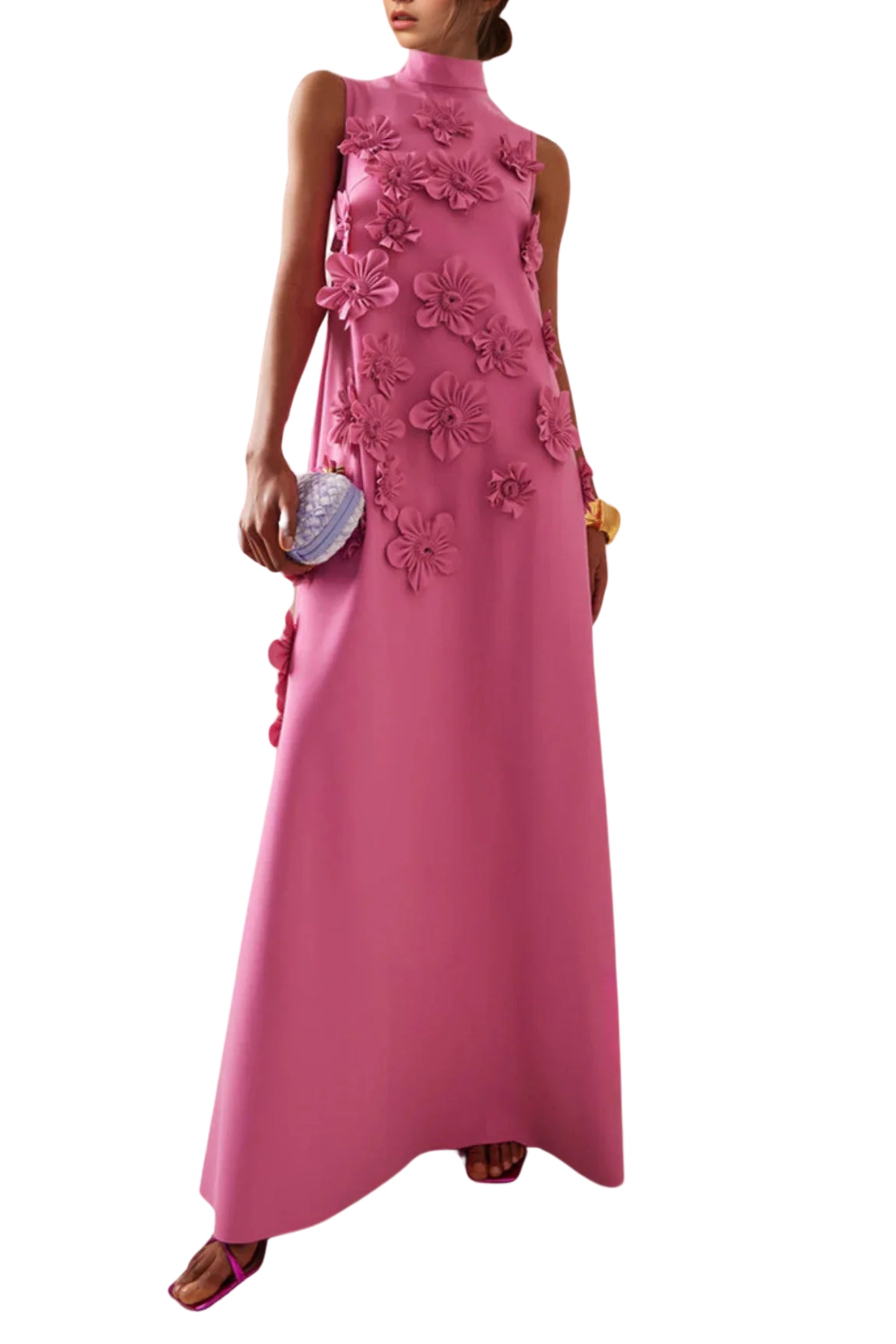 ANNONA Pink Floral Embroidered Maxi Dress - Elegant Summer Beach Wedding Party Wear