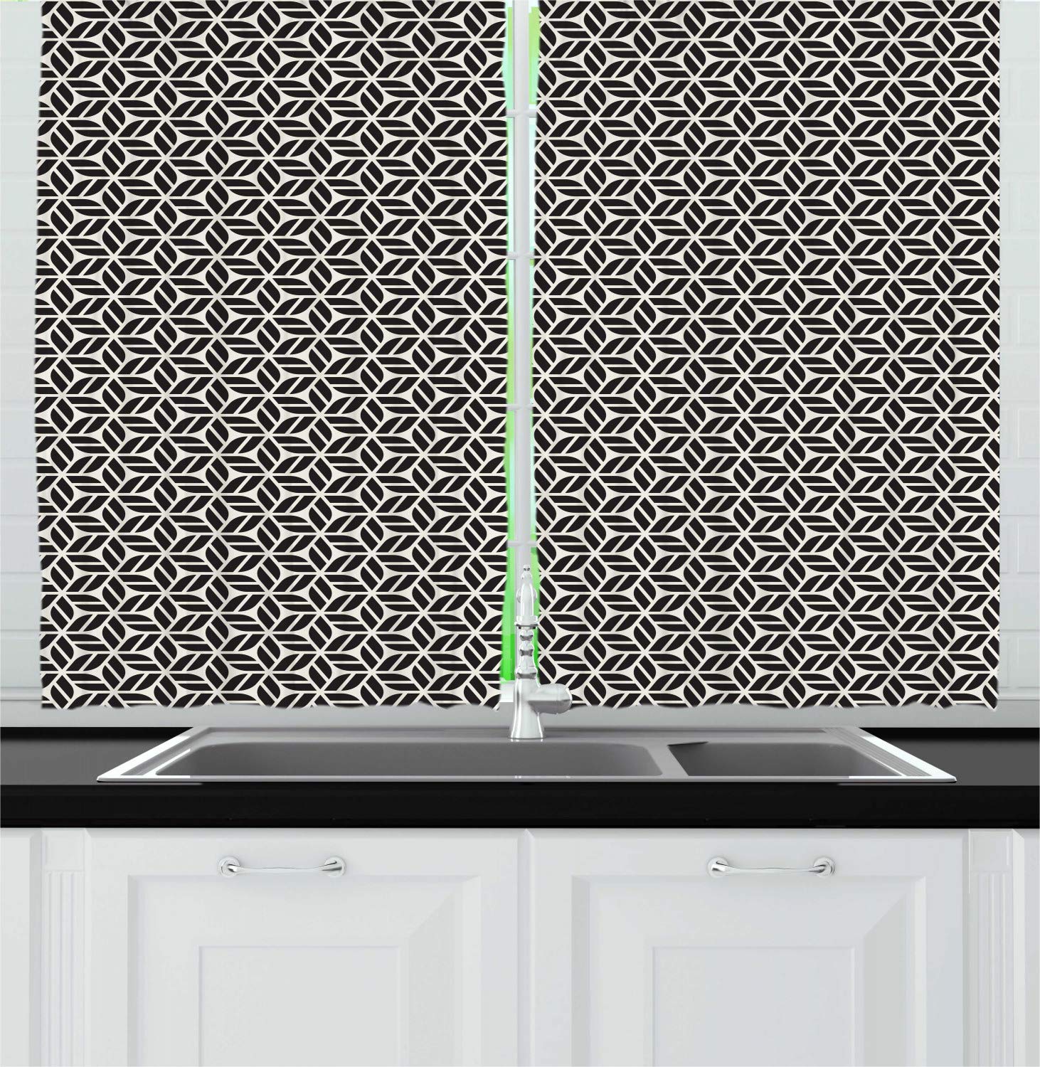 Ambesonne Lattice Kitchen Curtains Set of 2 - Modern Striped Leaf Design in Charcoal Grey & Eggshell - 55