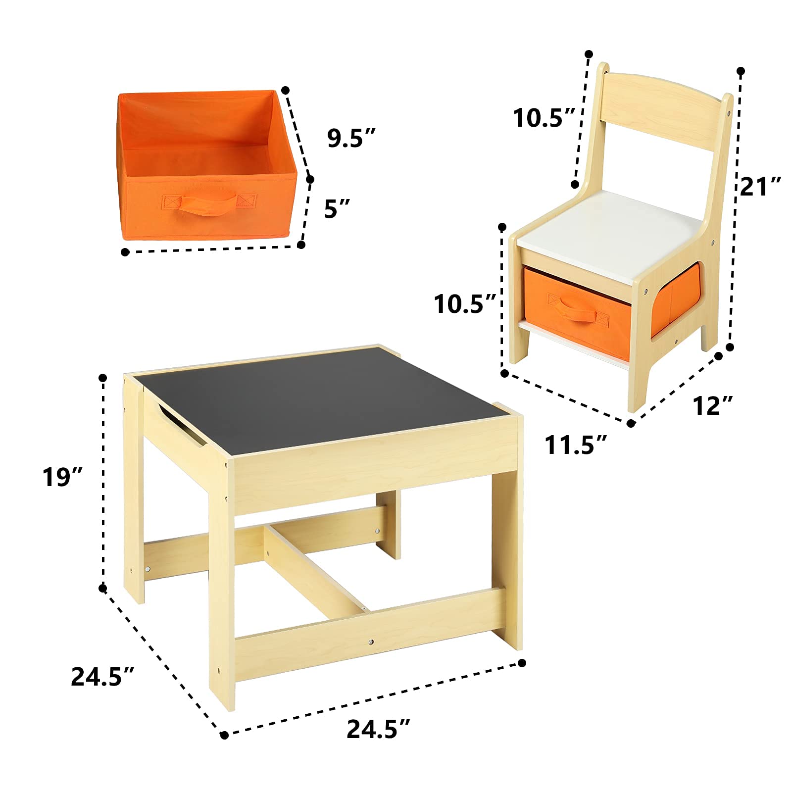 Kinder King Kids Wooden Table and 2 Chairs Set - 3-in-1 Children's Activity Table with Storage, Removable Tabletop & Blackboard - 3-Piece Toddler Furniture for Art, Drawing, Reading - Perfect for Playroom, Homeschooling & Daycare (Natural Wood)
