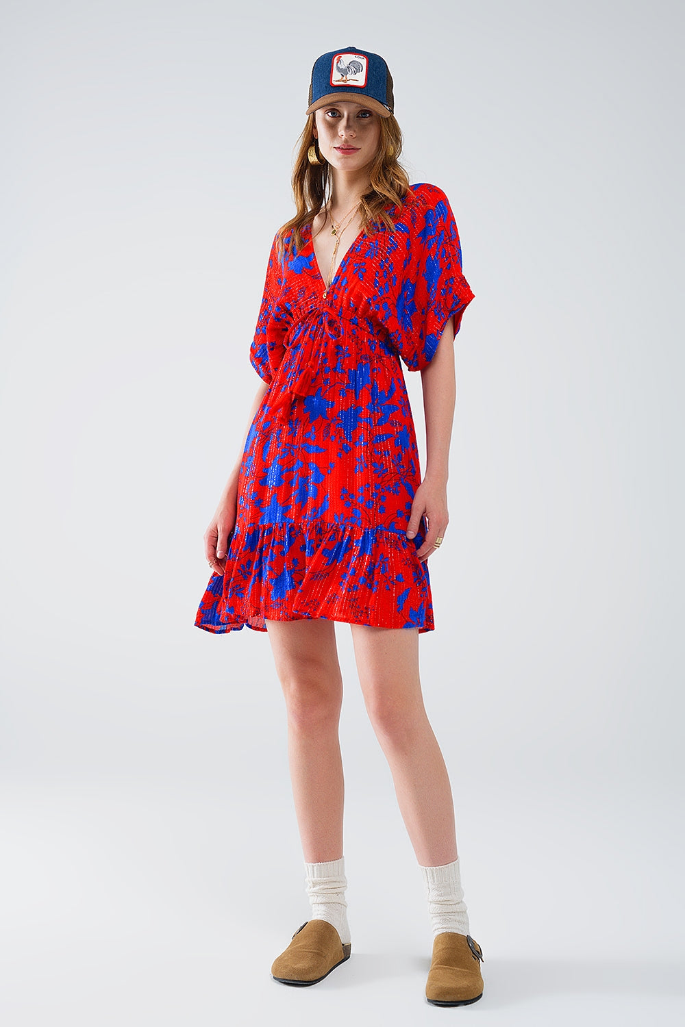 Elegant Short Flowy Red Robe with Blue Floral Print - Perfect for Loungewear, Spa Days & Relaxing at Home