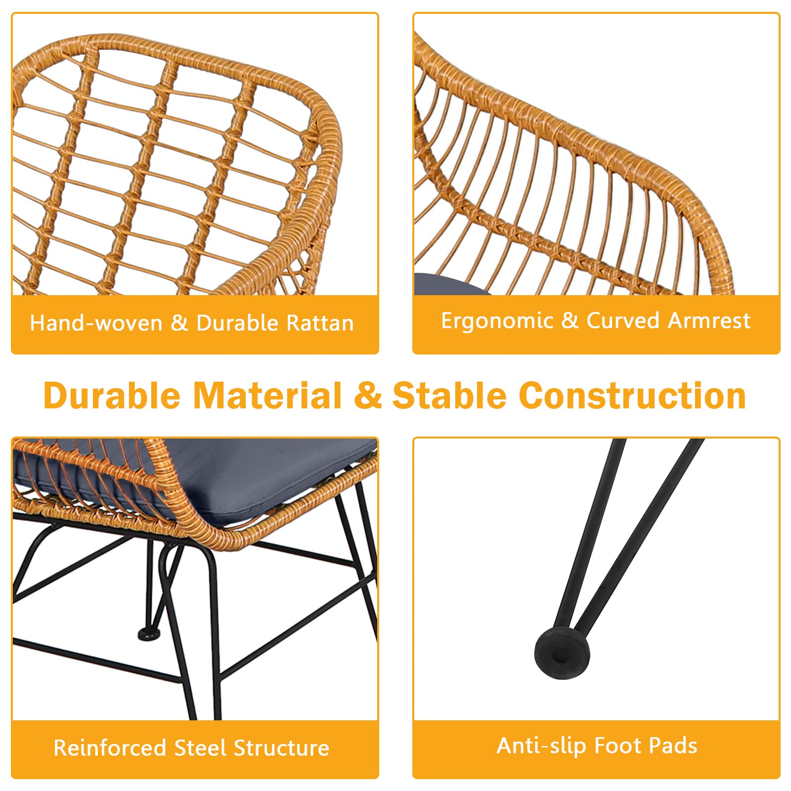HappyGrill 3-Piece Rattan Bistro Set with Steel Frame Round Coffee Table & Soft Cushions - Outdoor Patio Dining Furniture for Garden, Balcony, or Backyard Relaxation