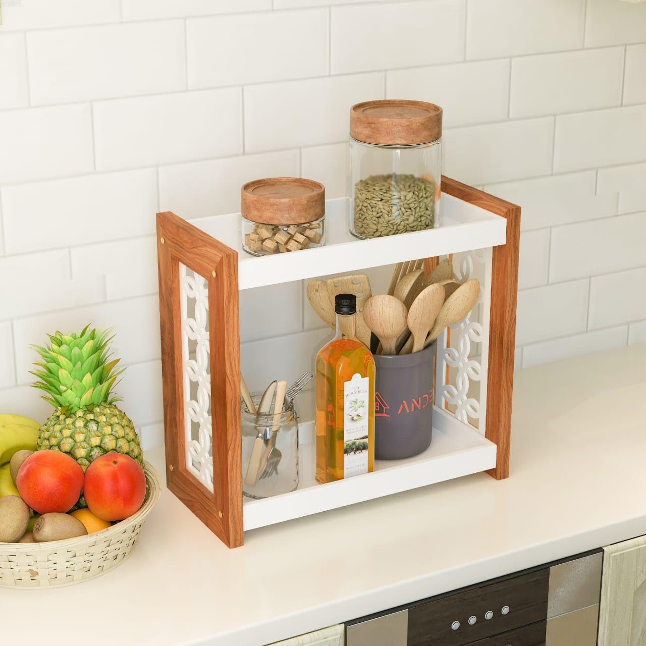AnDecy 2-Tier Wooden Spice Rack Organizer - Countertop Kitchen Storage Shelf for Jars & Bottles - Perfect for Pantry, Spice Organization & Kitchen Decor