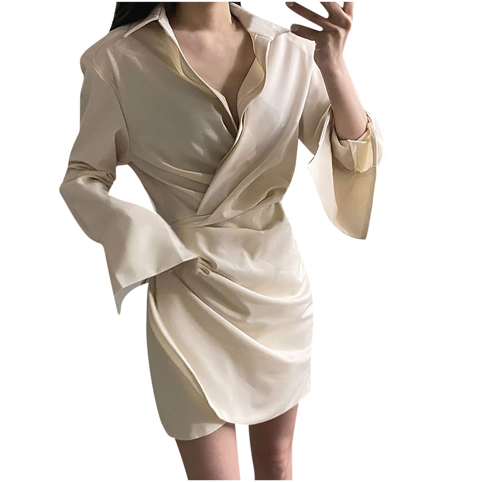 Ticcoy Women's Satin Bodycon Dress - Long Sleeve V Neck Wrap Mini Dress for Club, Party & Cocktail | Casual Fall Outfit | Perfect for Night Out, Date Night & Special Occasions