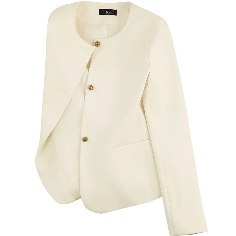 Women's Slim Fit Long Sleeve Blazer Coat - Black/Beige/Pink Round Neck Single Breasted Office Jacket for Spring & Autumn | Professional Workwear, Business Attire & Formal Occasions