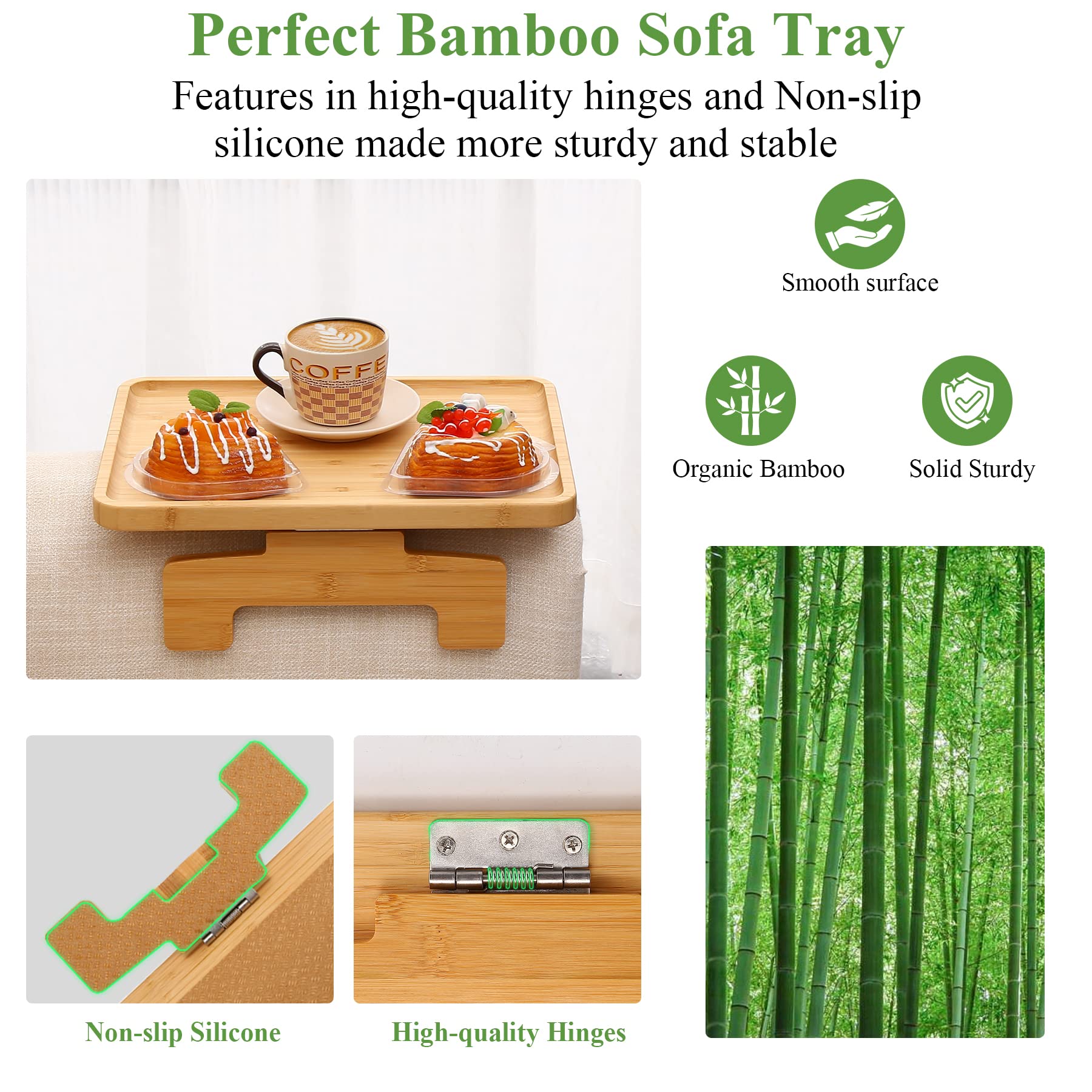 Bamboo Clip-On Couch Arm Tray Table - Portable Sofa Armrest Tray for Drinks, Food & Dining - Perfect for Small Spaces, Living Room, Bedroom & Home Theater Use