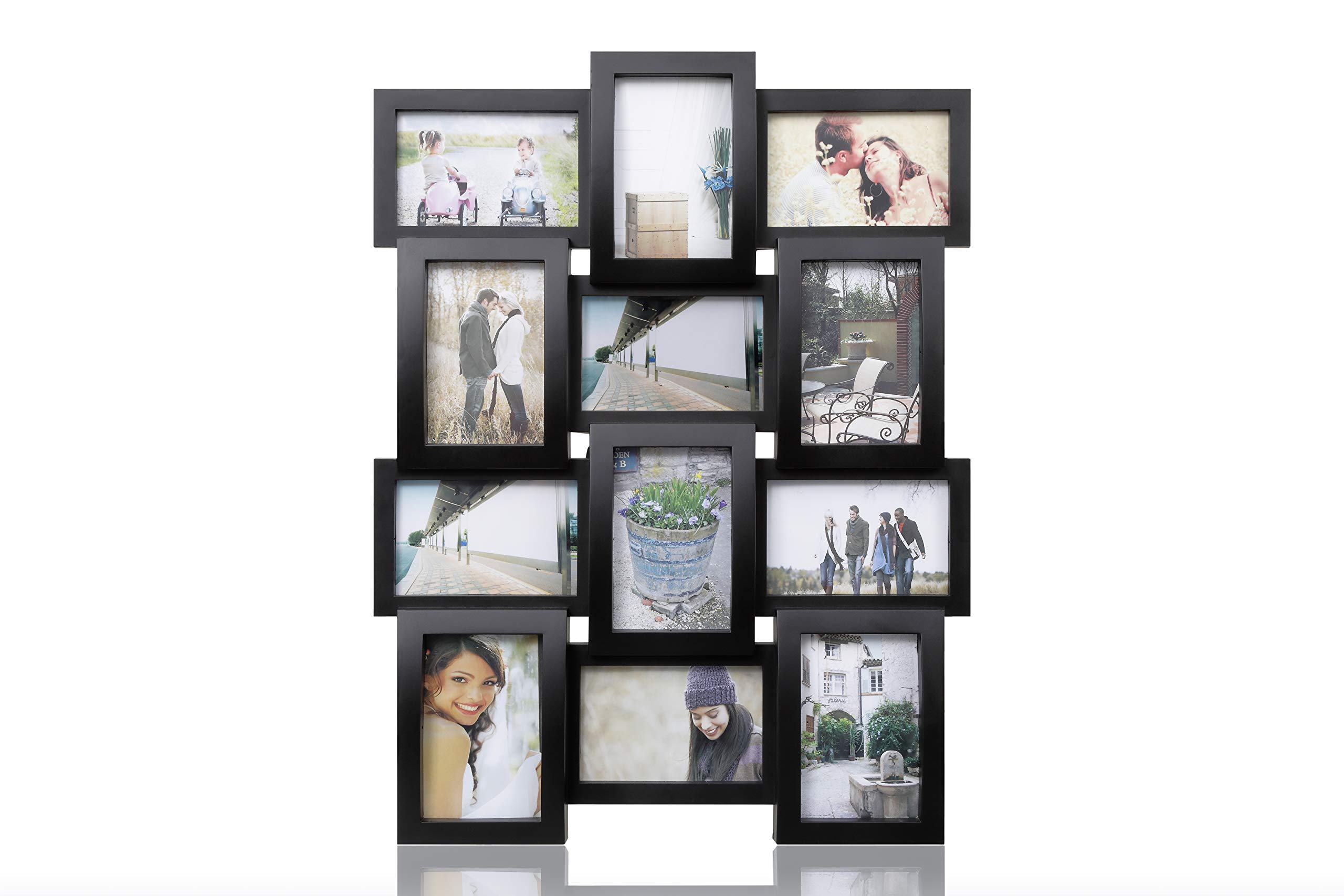 12 Opening Multi-Aperture Photo Frame - Holds 12 Pictures (6x4 Inches) - Black Wall Display for Family Photos, Wedding Memories & Home Decor