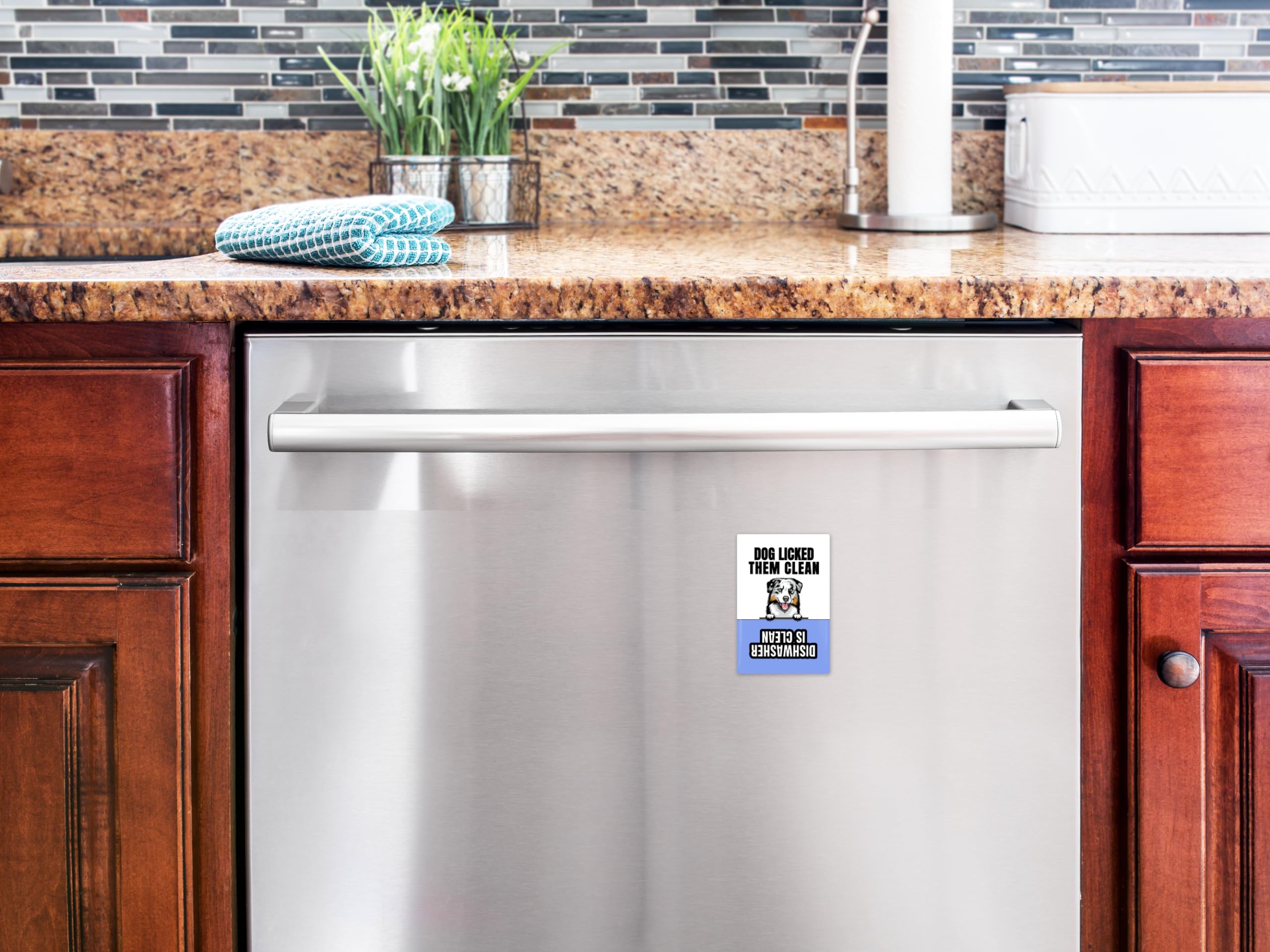 2x3 Inch Peeking Australian Shepherd Funny Dishwasher Magnet - Personalized Dog Licked Them Clean - Perfect for Kitchen Decor & Funny Gift Idea