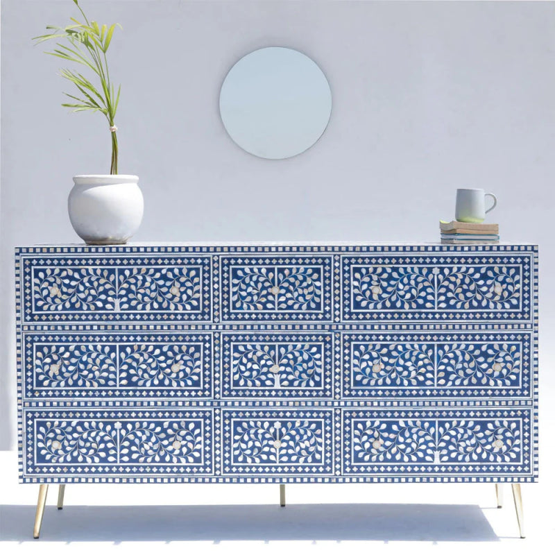 Handmade Bone Inlay Dresser - Sky Blue & White Vintage Chest of Drawers for Bedroom Storage | Perfect for Coastal, Boho & Farmhouse Decor