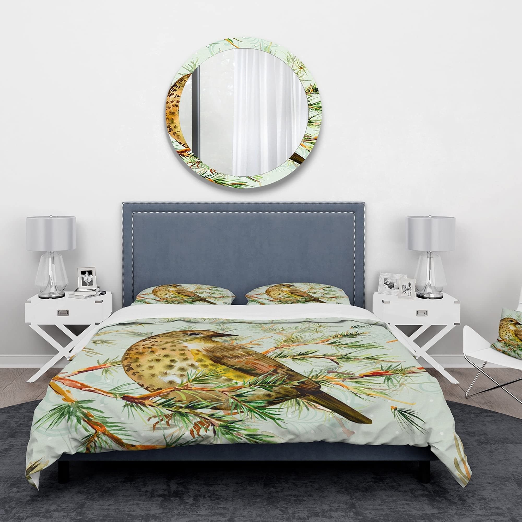 Designart 'Small Cute Bird on Pine Branch' Animals King Size Bedding Set - Duvet Cover & 2 Shams (Comforter Not Included) | Nature-Inspired Home Decor for Cozy Bedroom & Guest Room