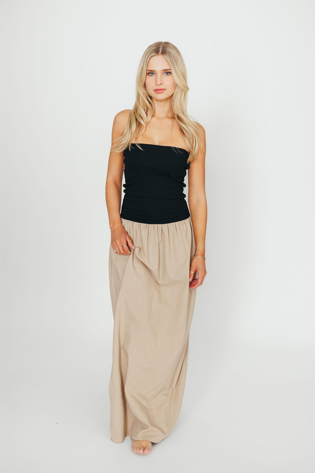Kaylee Linen and Ribbed Knit Maxi Dress for Women - Black/Tan - Summer Beach Wedding, Vacation & Casual Wear