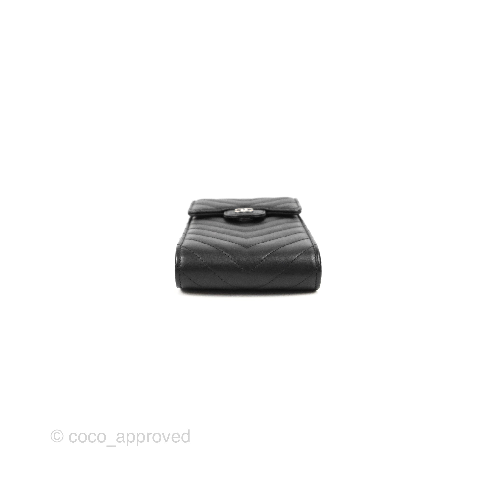 Chanel Classic Chevron Phone Holder - Black Calfskin with Silver Hardware | Luxury Phone Accessory for iPhone & Samsung | Perfect for Office, Travel & Daily Use