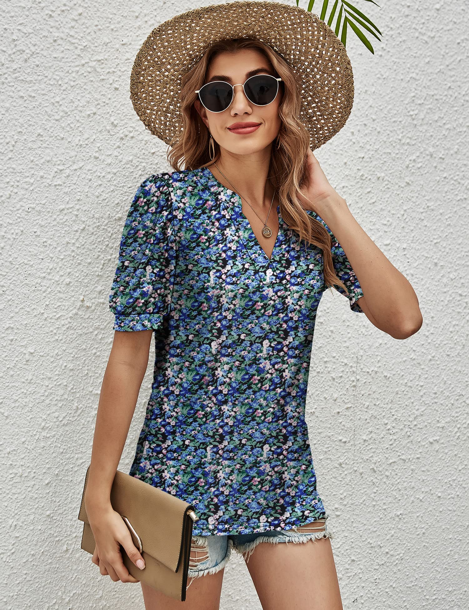 Romanstii Women's Casual V-Neck T-Shirt - Loose Fit Puff Short Sleeve Tunic Top for Summer | Comfortable Blouse for Everyday Wear, Outings & Casual Office Outfits
