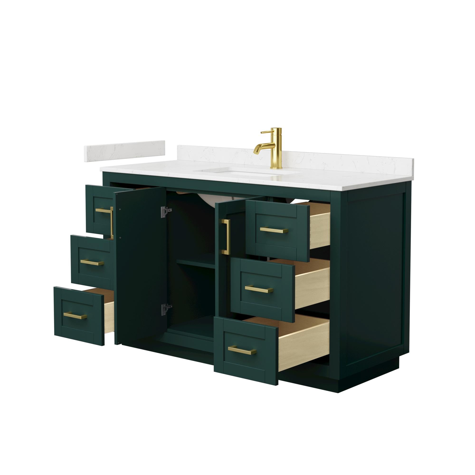 Wyndham Collection Miranda 54 Inch Single Bathroom Vanity in Green with Light-Vein Carrara Cultured Marble Countertop & Undermount Square Sink - Brushed Gold Trim | Modern Farmhouse Bathroom Decor for Master Bath, Guest Bath, or Powder Room