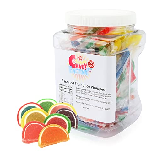 Sarah's Candy Factory Individually Wrapped Assorted Fruit Slice Soft Candies in Jar - 2 Pound Bulk Candy for Parties, Gifts & Office Snacks | Variety Pack of Chewy Fruit Flavored Sweets