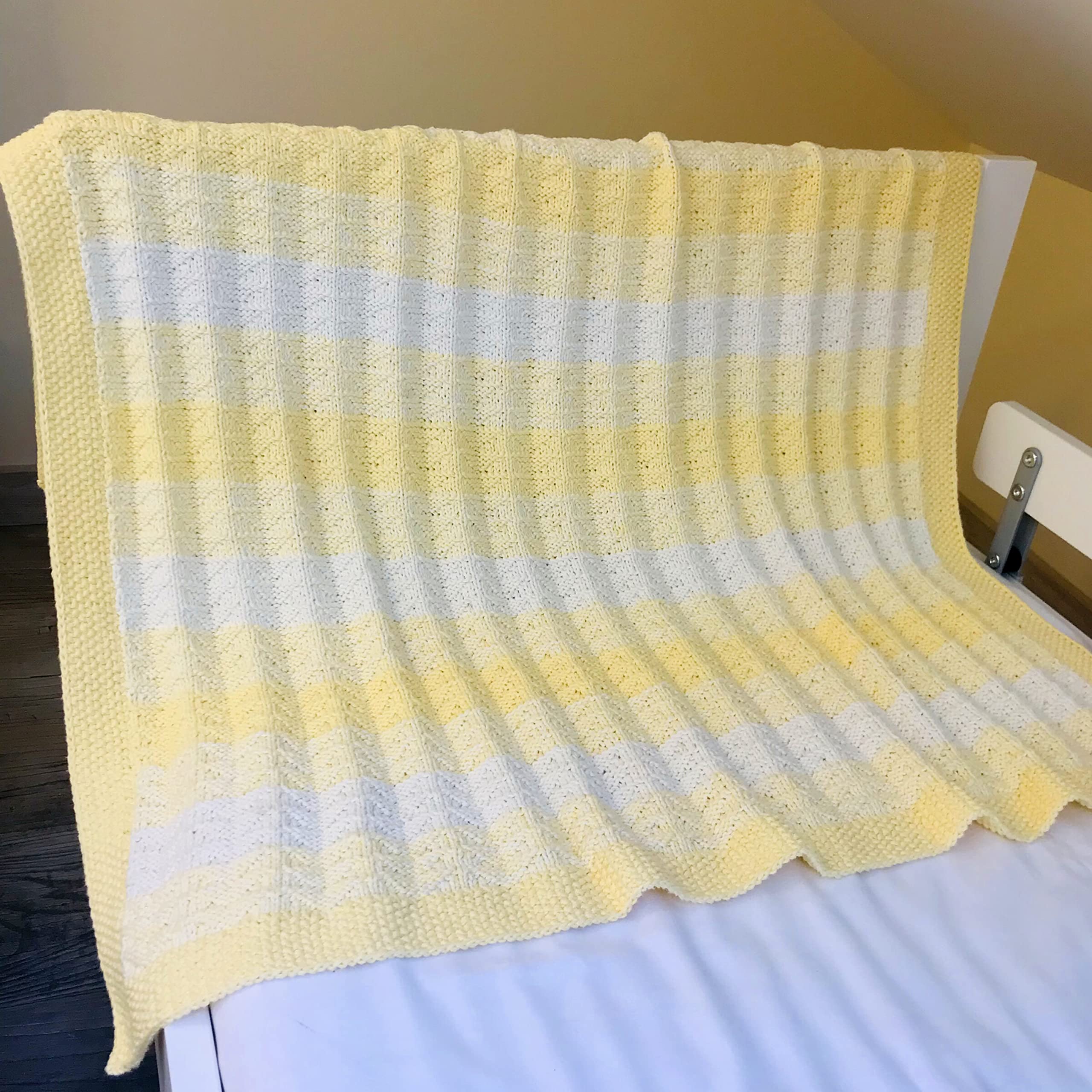 Soft Hypoallergenic Cotton Hand-Knitted Baby Blanket - 35x35 Inch Yellow & White Neutral Blanket for Newborns | Perfect for Nursery, Christening, Easter Gifts for Boys & Girls | Cozy & Safe for Infants