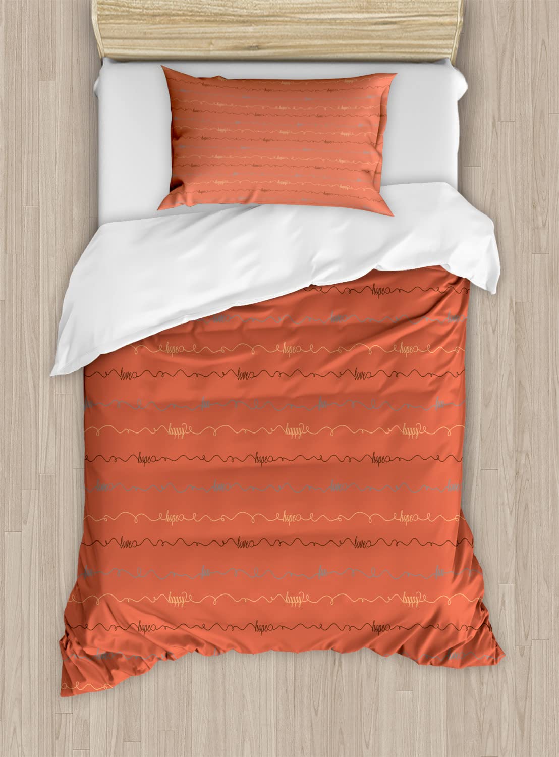 Ambesonne Inspirational Duvet Cover Set - Dark Coral Backdrop with 'Hope Love Happy' Lettering, 2-Piece Twin Size Bedding Set (2 Duvet Covers & 2 Pillowcases) in Dark Brown & Coral - Perfect for Teen Bedrooms, Dorm Decor & Cozy Bedroom Makeovers