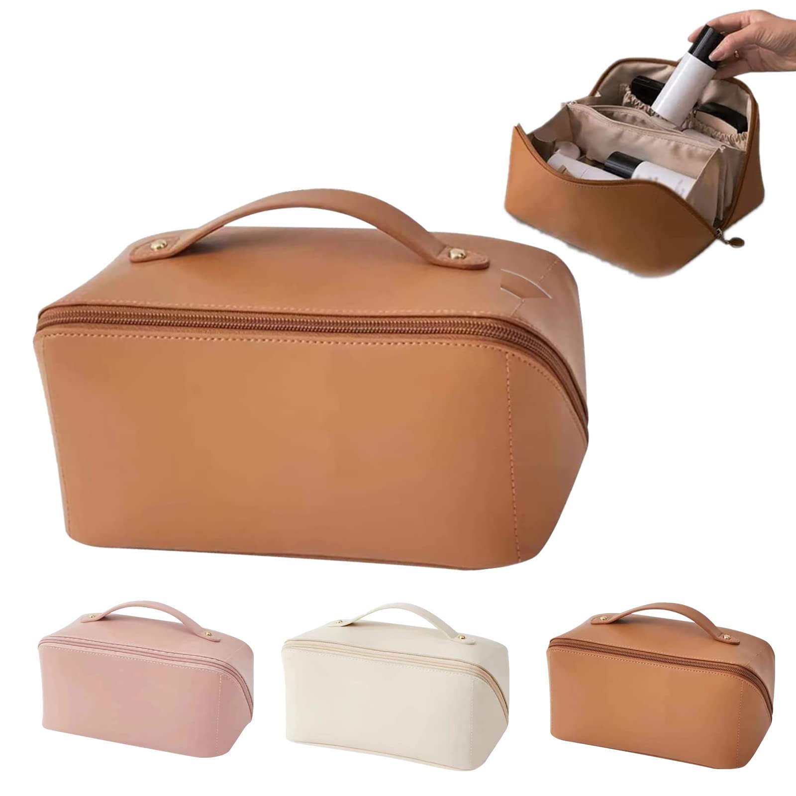 Large Makeup Bag for Women - Travel Leather Cosmetic Organizer with High Capacity, Portable Toiletry Bag for Cosmetics, Makeup Brushes, Shampoo & Conditioner (Brown) - Perfect for Travel, Gym & Daily Storage