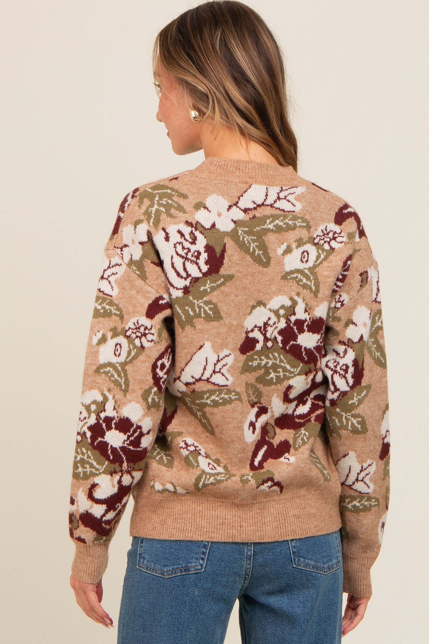 Beige Floral Print Crew Neck Sweater for Women - Soft Knit Pullover Top for Fall & Winter - Casual Office Wear & Weekend Outfits