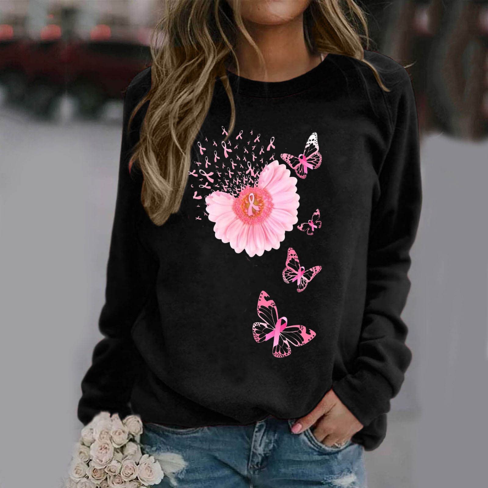 Women's Inspirational Breast Cancer Awareness T-Shirt - Long Sleeve Loose Fit Sweatshirt with Motivational Letter Print | Perfect for Survivors, Supporters & Awareness Events