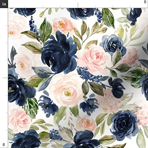 Beach Blossoms Floral Printed Denim Fabric by The Yard - White Flowers Rose Navy Spring Roses Blush Design for Apparel, Home Decor & Upholstery | Perfect for DIY Dresses, Curtains & Throw Pillows