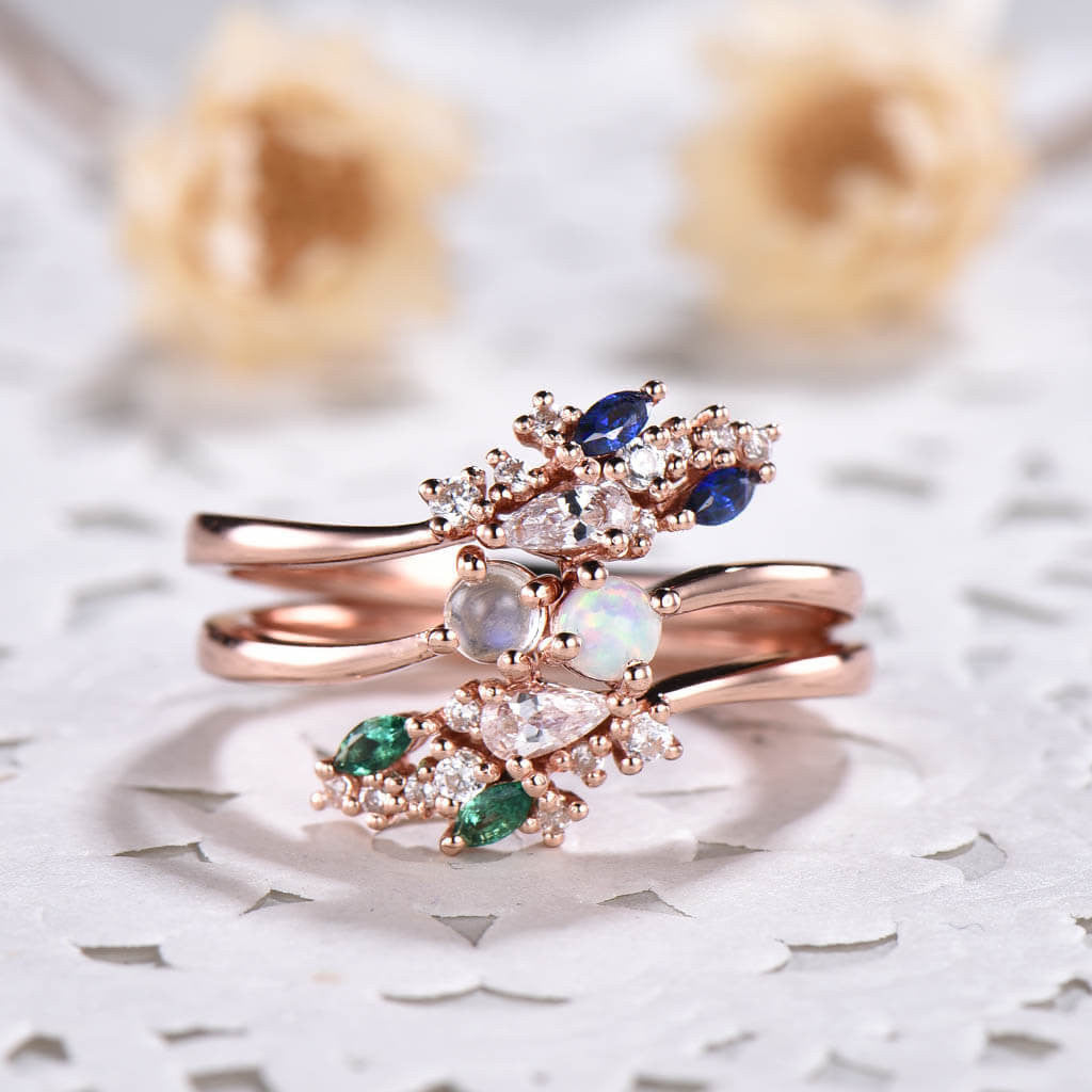 Exquisite Curved Opal Sapphire Moissanite Emerald Diamond Engagement Ring Set in Rose Gold - 2 Piece Bridal Jewelry for Weddings, Anniversaries & Special Occasions