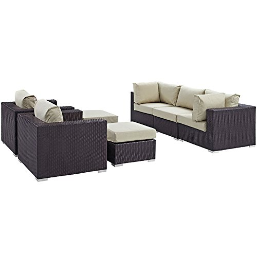 Modway Convene Collection 7-Piece Outdoor Patio Sectional Set in Espresso Beige - Durable Wicker Furniture for Backyard, Poolside & Garden Relaxation