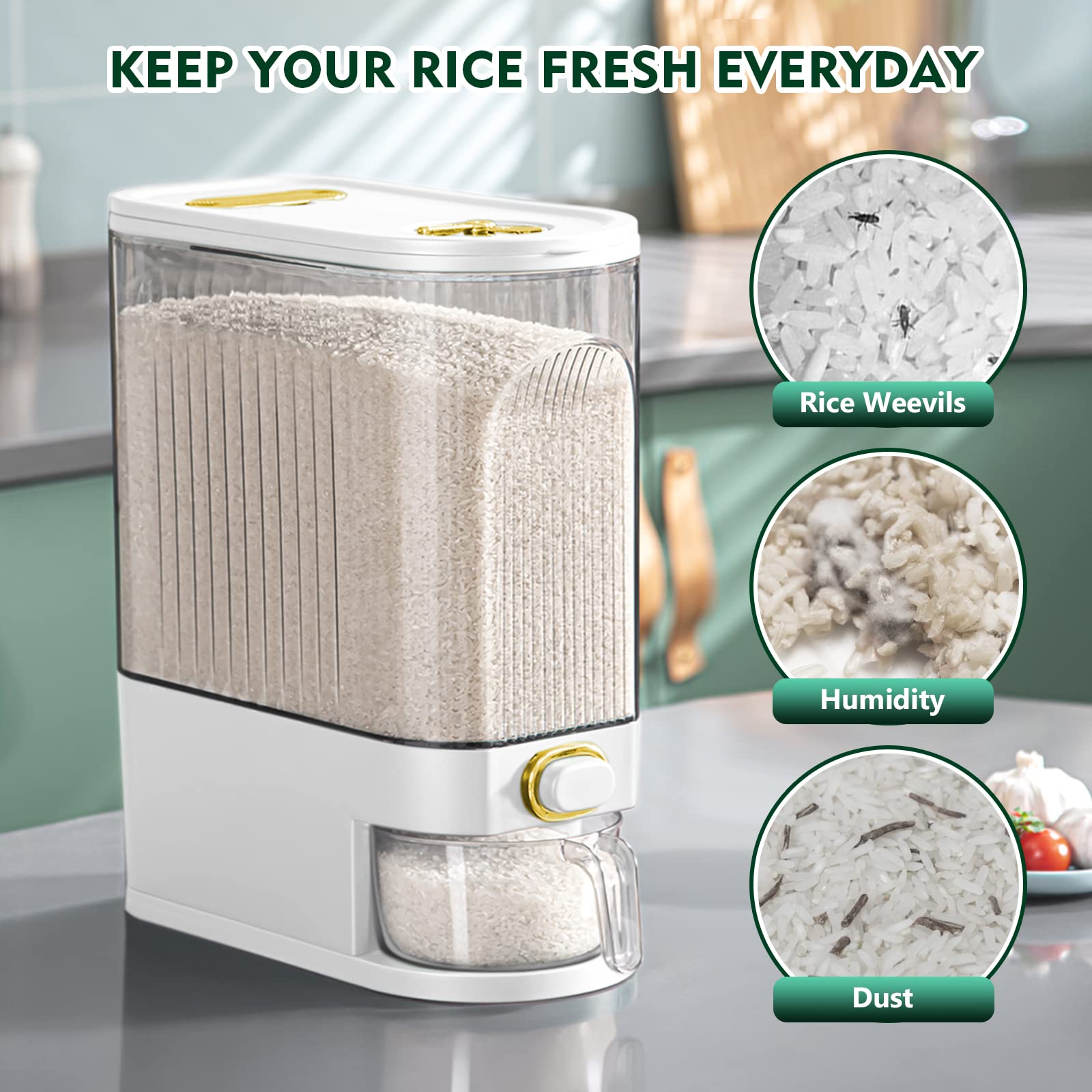 22 Lbs Rice Dispenser - Large Airtight Dry Food Storage Container with Measuring Cup & Time Markings - Perfect for Kitchen Pantry Organization - Ideal for Storing Rice, Cereal, Pasta, Flour & Bulk Dry Goods (White) - Great for Meal Prep & Bulk Food Storage