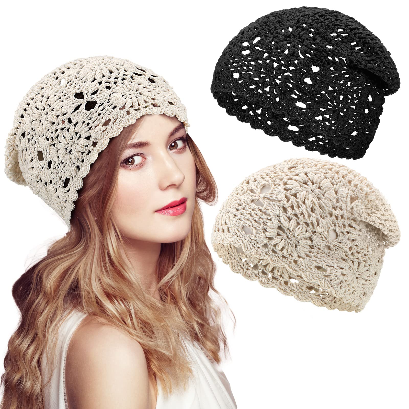 2 Pack Floral Crochet Slouchy Beanie Hats - Handmade Knit Women's Winter Hats with Cutout Design, Stretchy Skull Cap for Women | Perfect for Winter Fashion, Outdoor Activities & Gift Giving